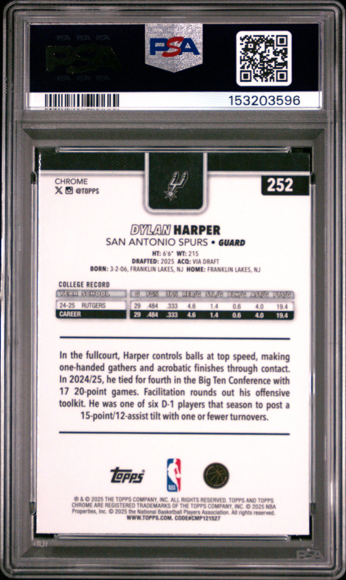 2025 Topps Chrome Dylan Harper #252 (Prism Refractor) Mint 9 back