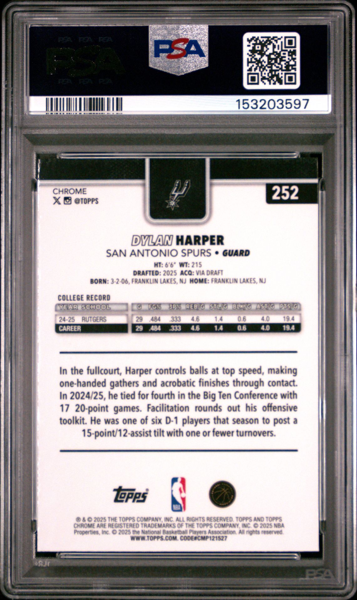 2025 Topps Chrome Dylan Harper #252 Mint 9 back