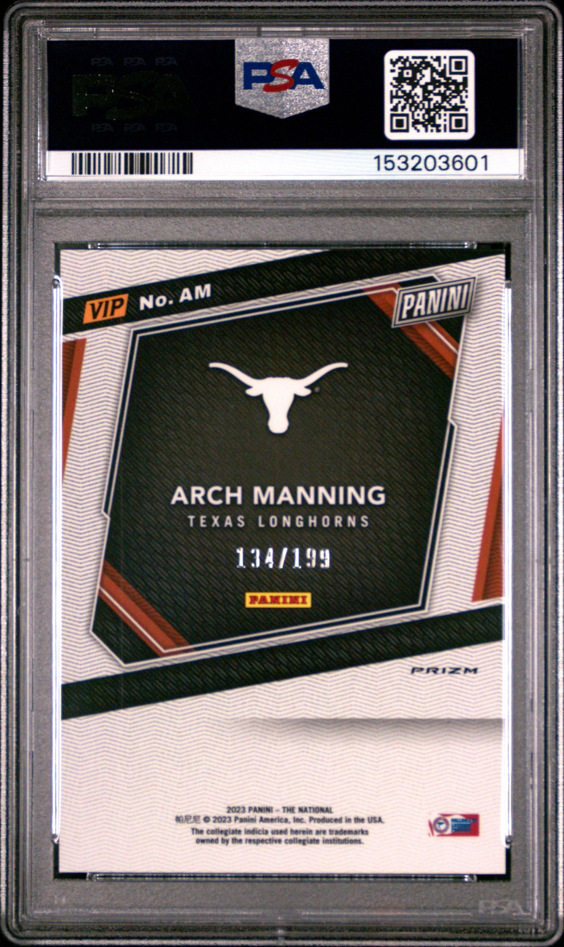 2023 Panini National Vip Gold Prospects Arch Manning #Am (Prospects-Red Sparkle) Gem Mt 10 back