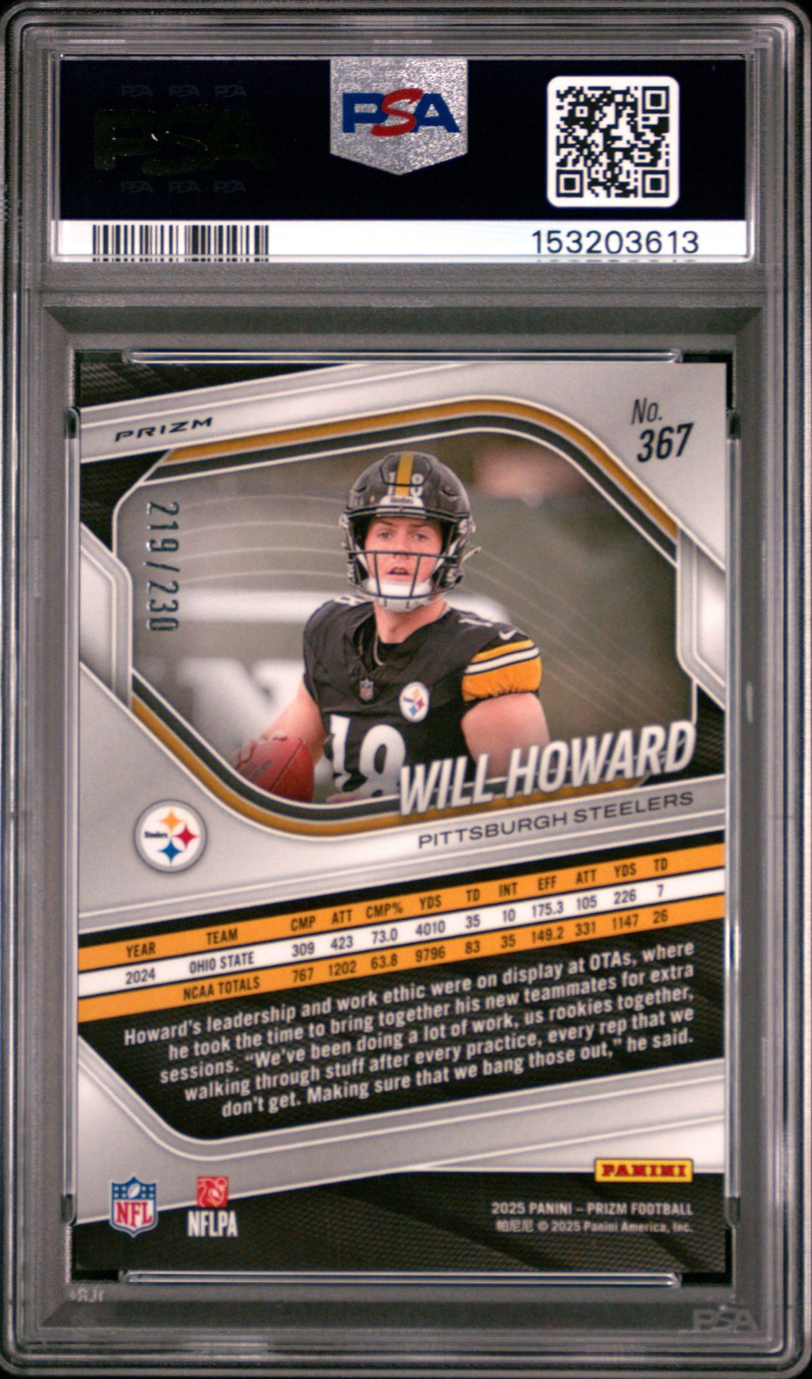 2025 Panini Prizm Will Howard #367 (Blue Wave) Mint 9 back