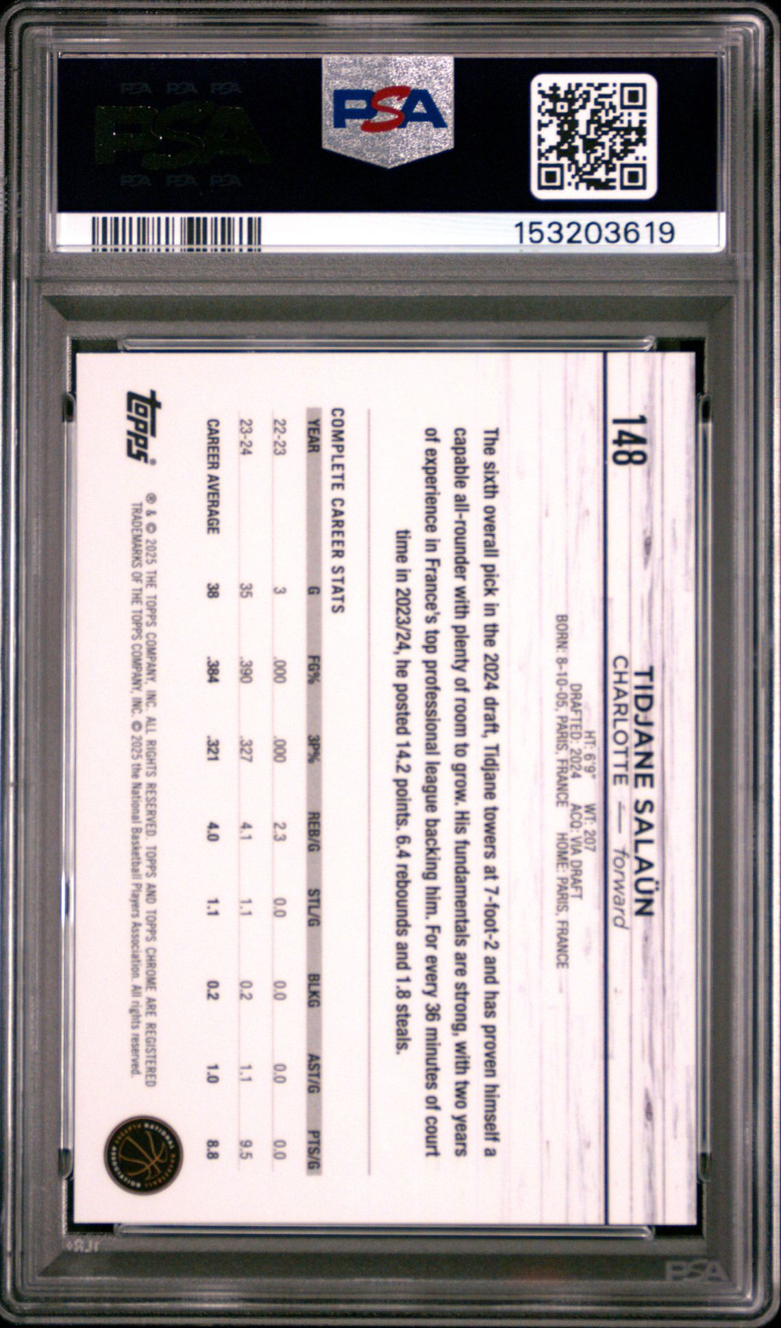 2024 Topps Chrome Sapphire Edition Tidjane Salaun #148 (Gold) Mint 9 back