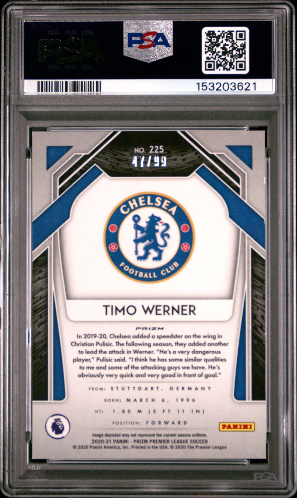 2020 Panini Prizm Premier League Timo Werner #225 (Violet Breakaway Prizm) Mint 9 back
