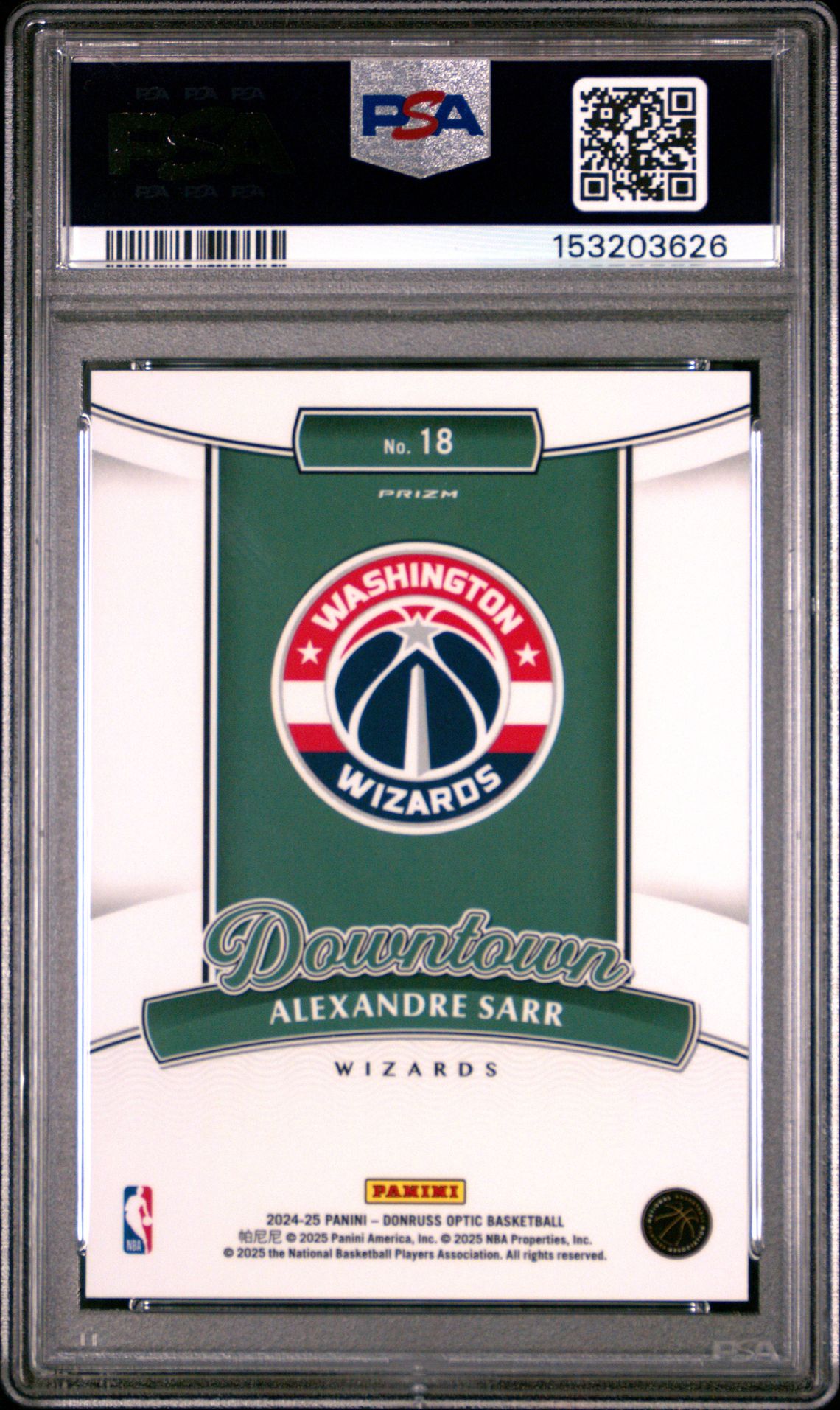2024 Panini Donruss Optic Downtown Alexandre Sarr #18 Gem Mt 10 back view - PSA certificate #153203626