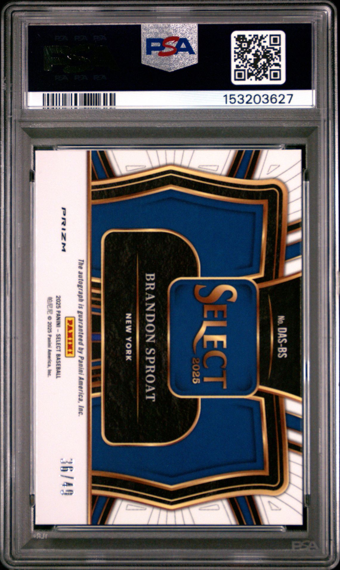 2025 Panini Select Diamond Action Signatures Brandon Sproat #Das-Bs (Dmd Action Sig-Blue Prizm) Mint 9 back