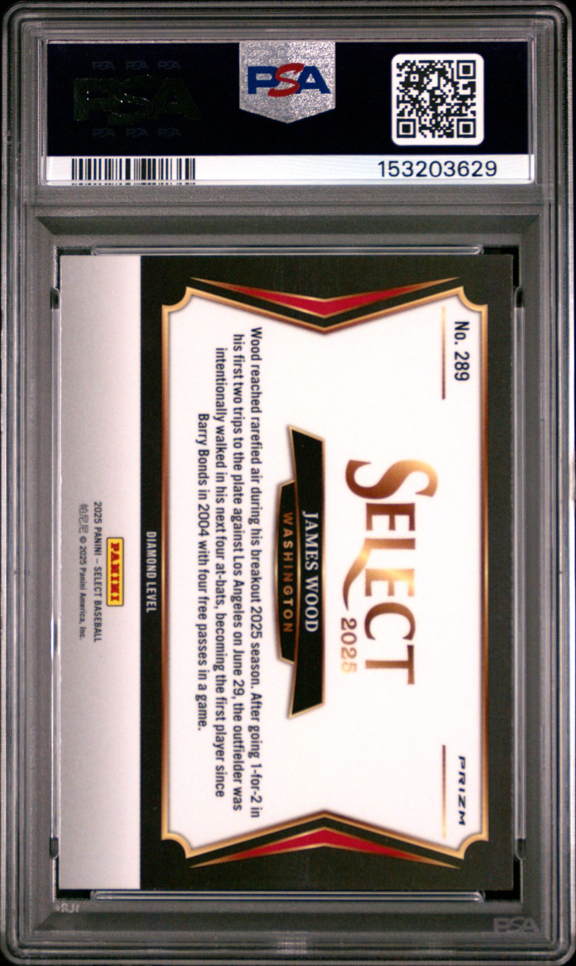 2025 Panini Select James Wood #289 (Zebra Prizm) Gem Mt 10 back