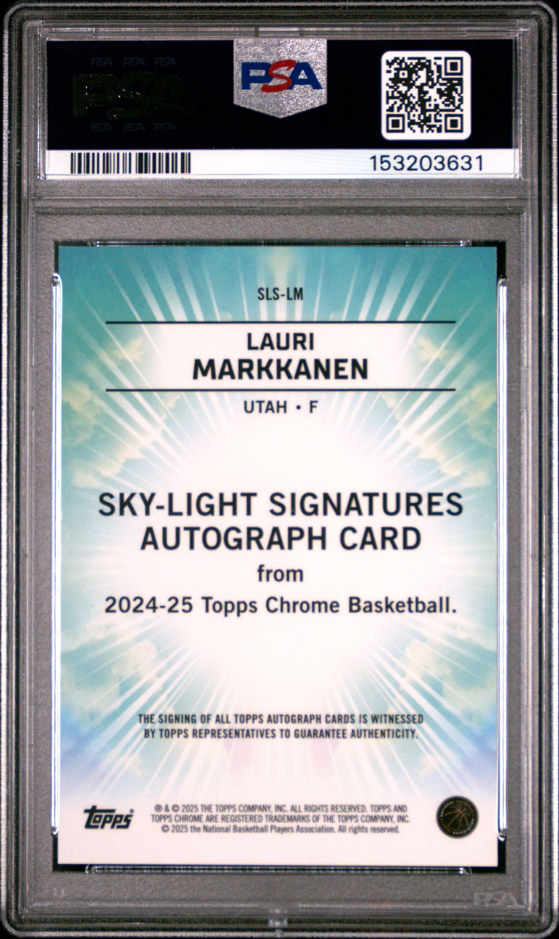 2024 Topps Chrome Sapphire Edition Sky-Light Signatures Lauri Markkanen #Slslm (Sky-Light Signature-Purple) Gem Mt 10 back view - PSA certificate #153203631