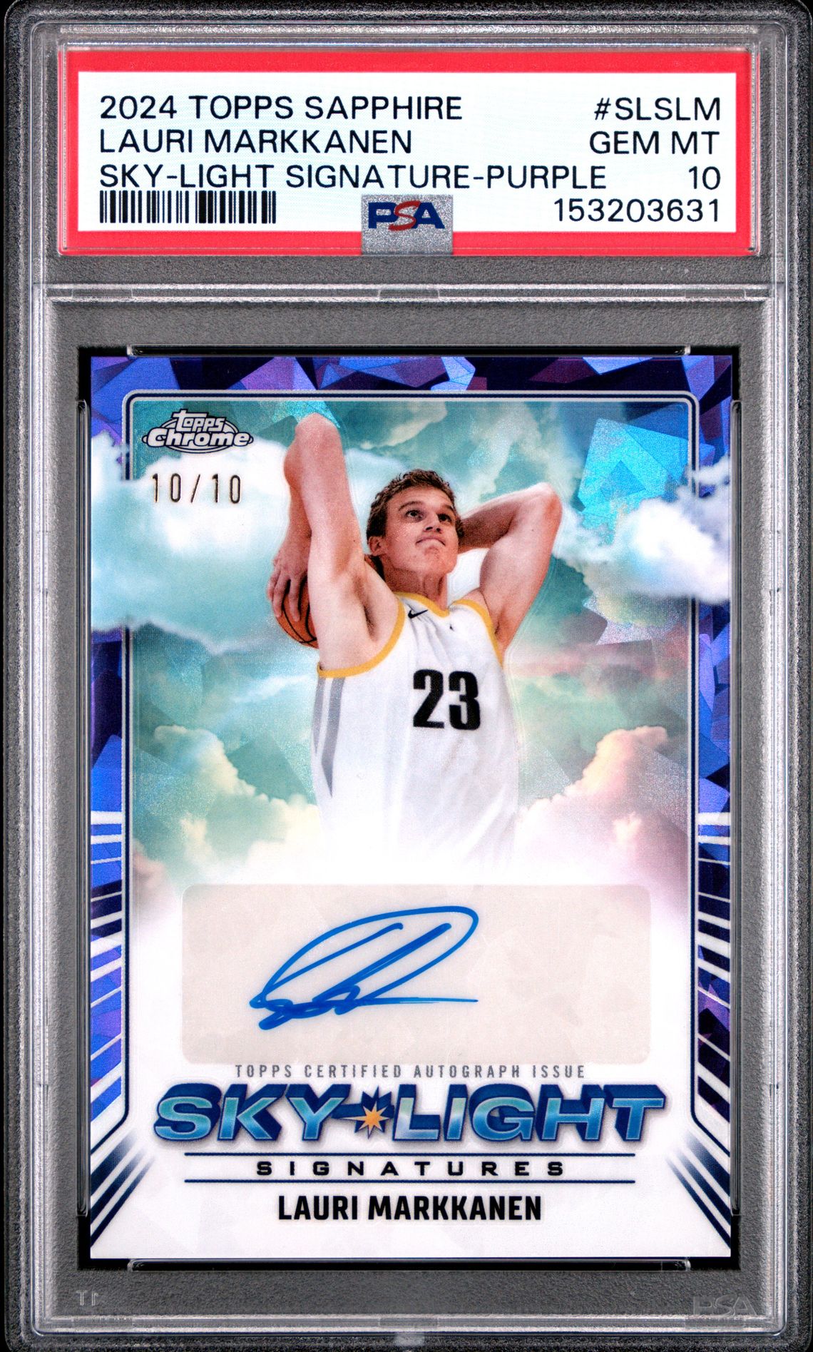 2024 Topps Chrome Sapphire Edition Sky-Light Signatures Lauri Markkanen #Slslm (Sky-Light Signature-Purple) Gem Mt 10 front view - PSA graded GEM MT 10