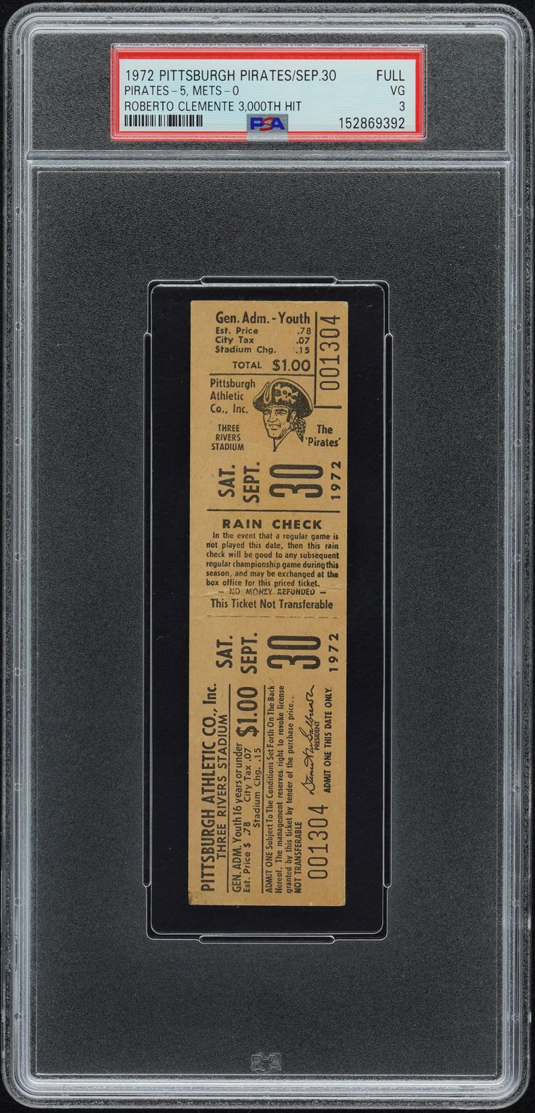 Full ticket to Roberto Clemente's 3,000th hit on 30 September 1972, graded PSA VG 3, sold for $40,260