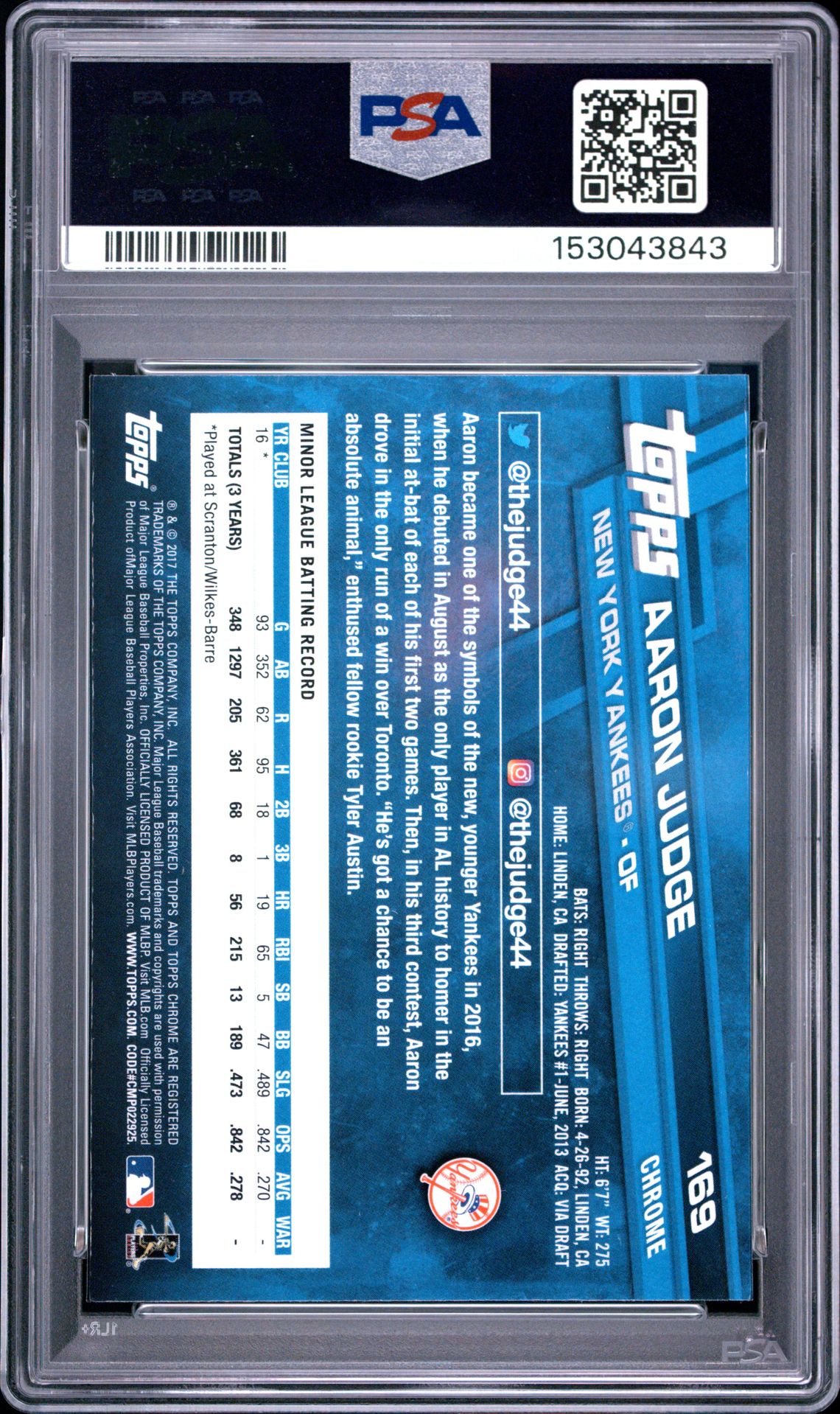 2017 Topps Chrome Aaron Judge #169 Mint 9 back