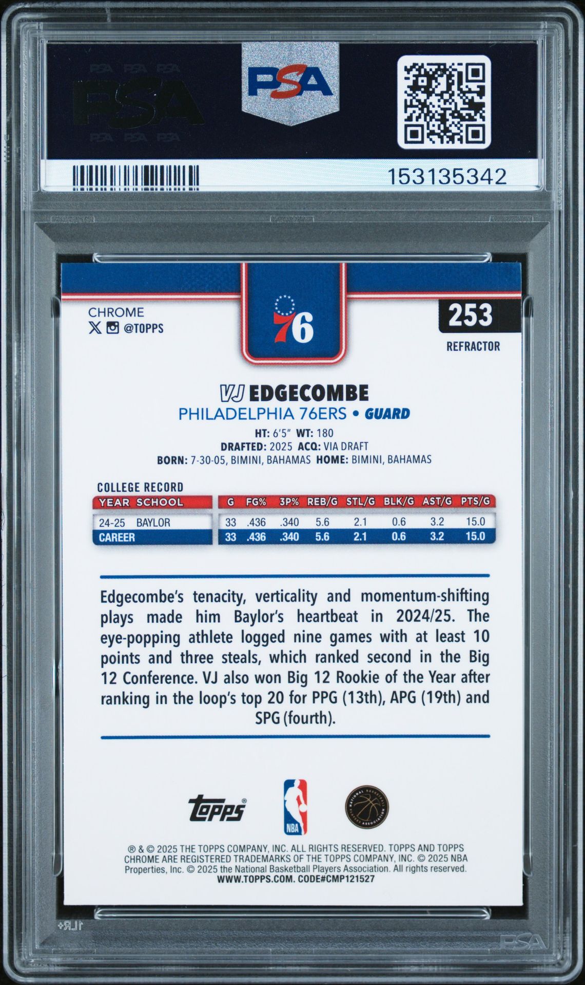 2025 Topps Chrome Vj Edgecombe #253 (Refractor) Gem Mt 10 back