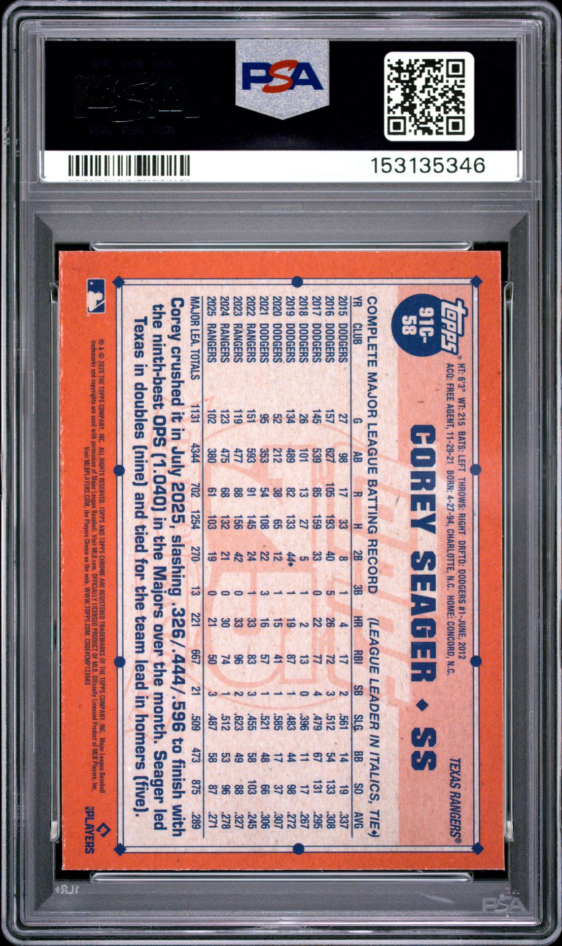 2026 Topps Silver Pack 1991 Chrome Promo Corey Seager #91C-58 (Purple) Gem Mt 10 back view - PSA certificate #153135346
