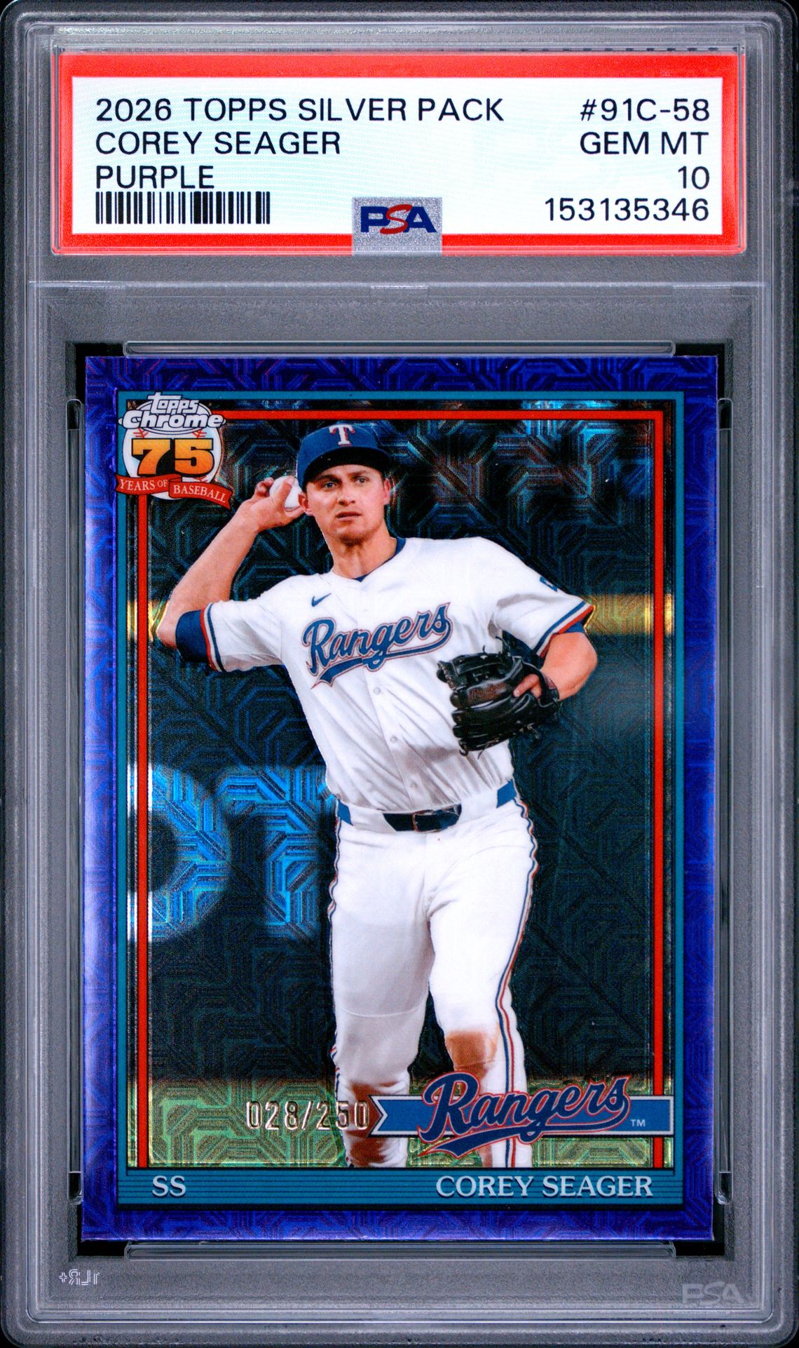 2026 Topps Silver Pack 1991 Chrome Promo Corey Seager #91C-58 (Purple) Gem Mt 10 front view - PSA graded GEM MT 10