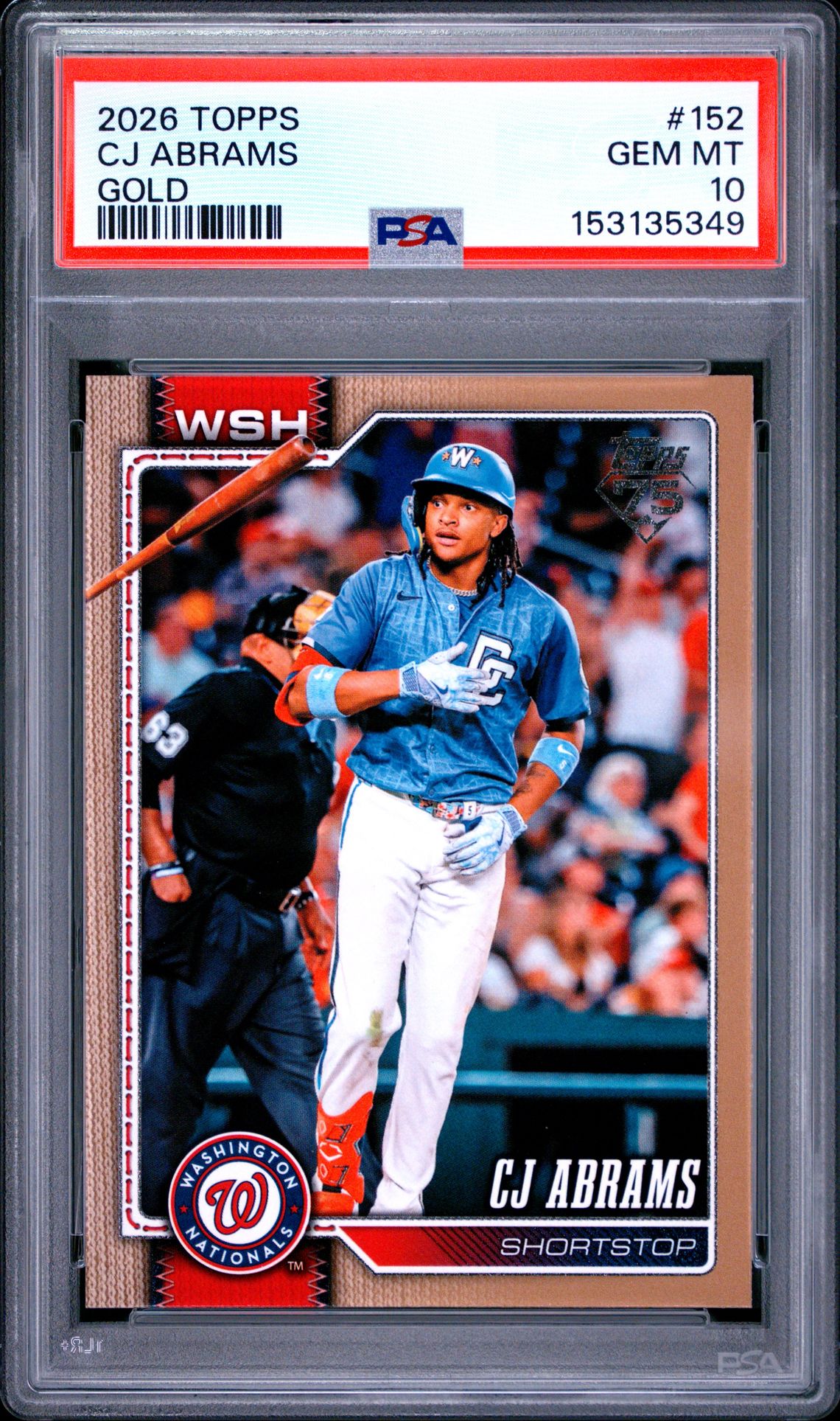 2026 Topps Cj Abrams #152 (Gold) Gem Mt 10 front view - PSA graded GEM MT 10