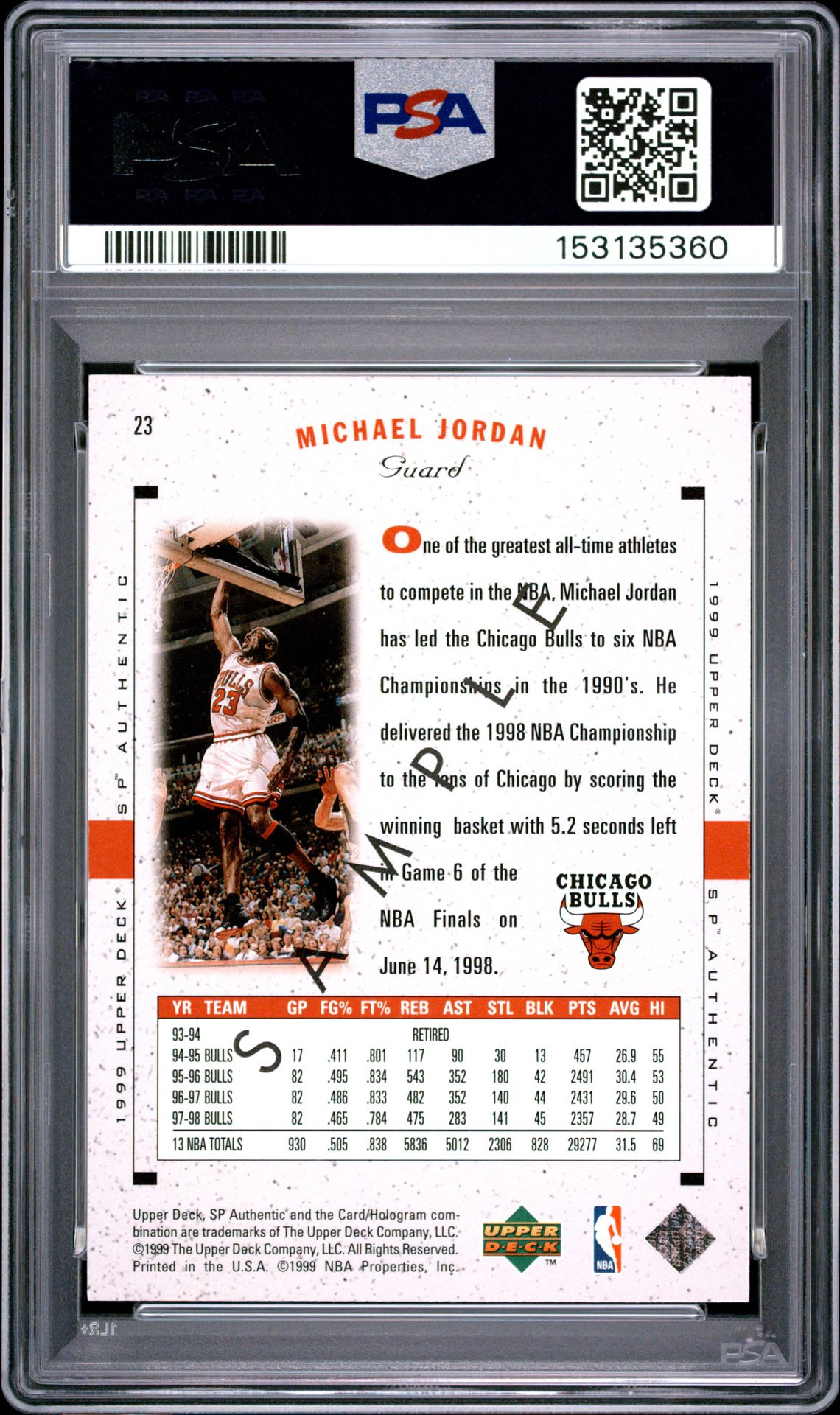 1998 Sp Authentic Michael Jordan #23 (Sample) Mint 9 back