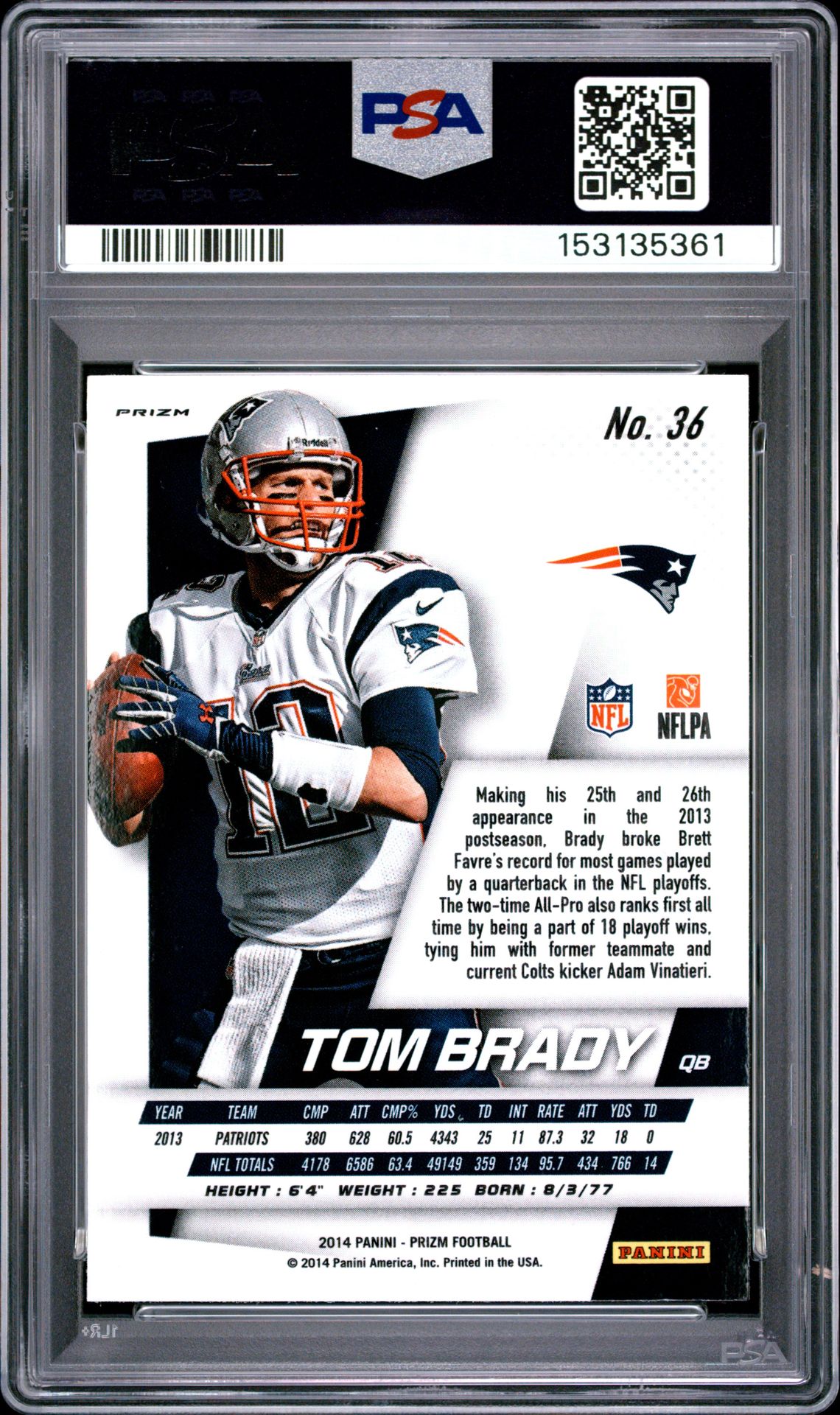 2014 Panini Prizm Tom Brady #36 (Red/White/Blue Prizm) Mint 9 back
