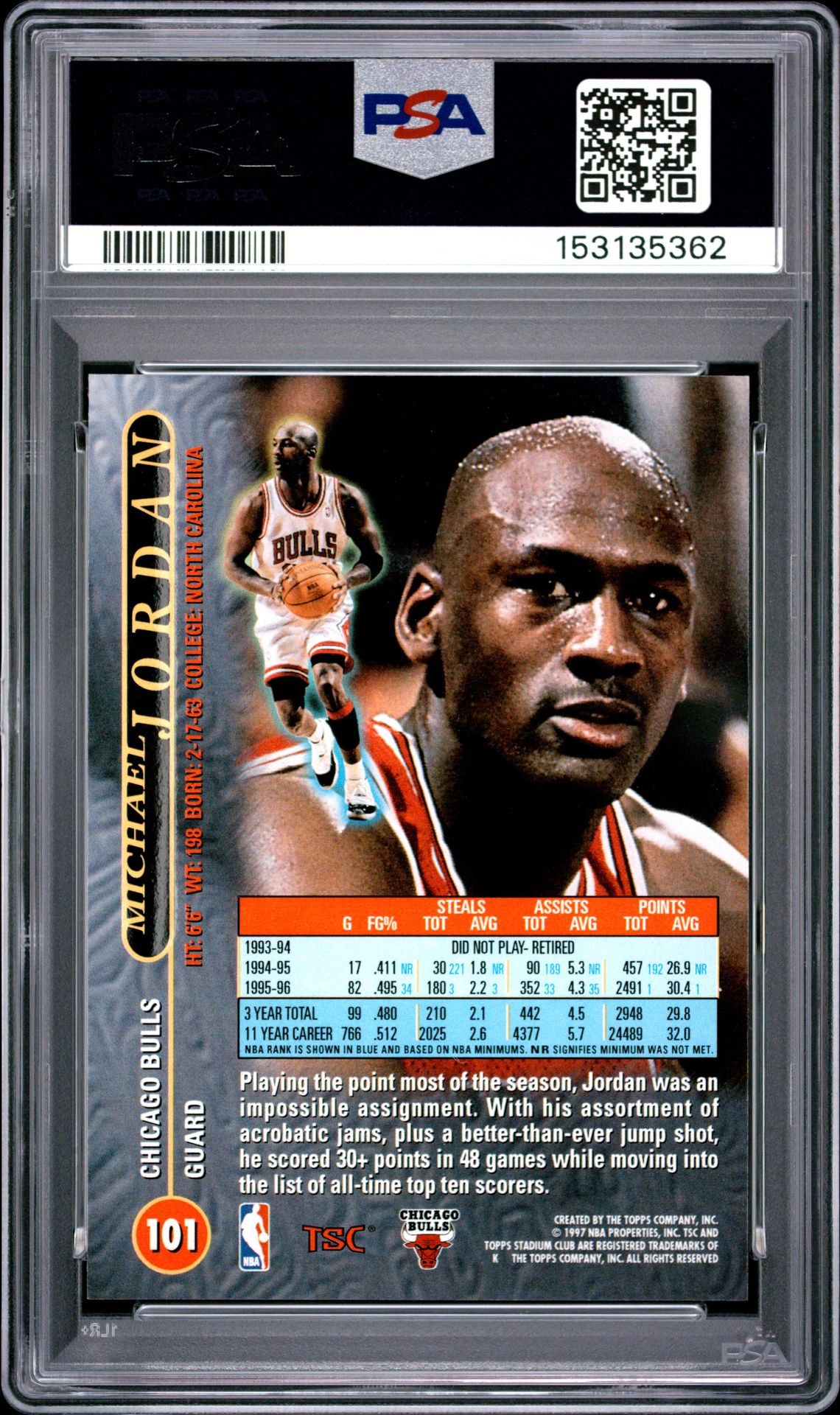 1996 Stadium Club Michael Jordan #101 Ex-Mt 6 back
