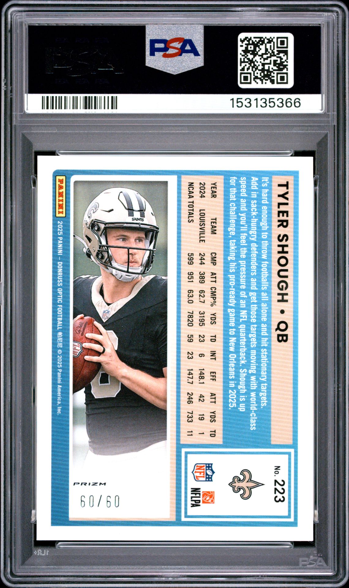2025 Panini Donruss Optic Tyler Shough #223 (Purple) Mint 9 back