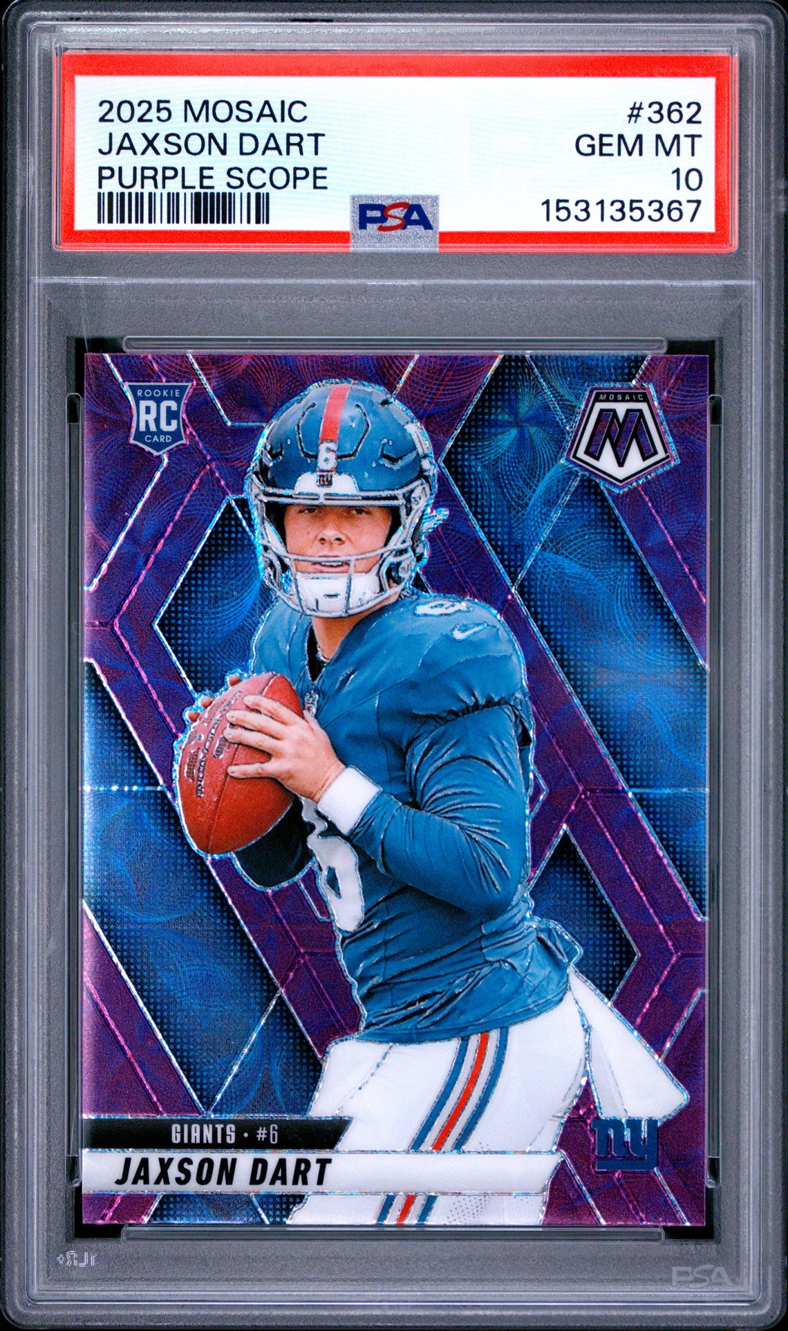2025 Panini Mosaic Jaxson Dart #362 (Purple Scope) Gem Mt 10 front view - PSA graded GEM MT 10