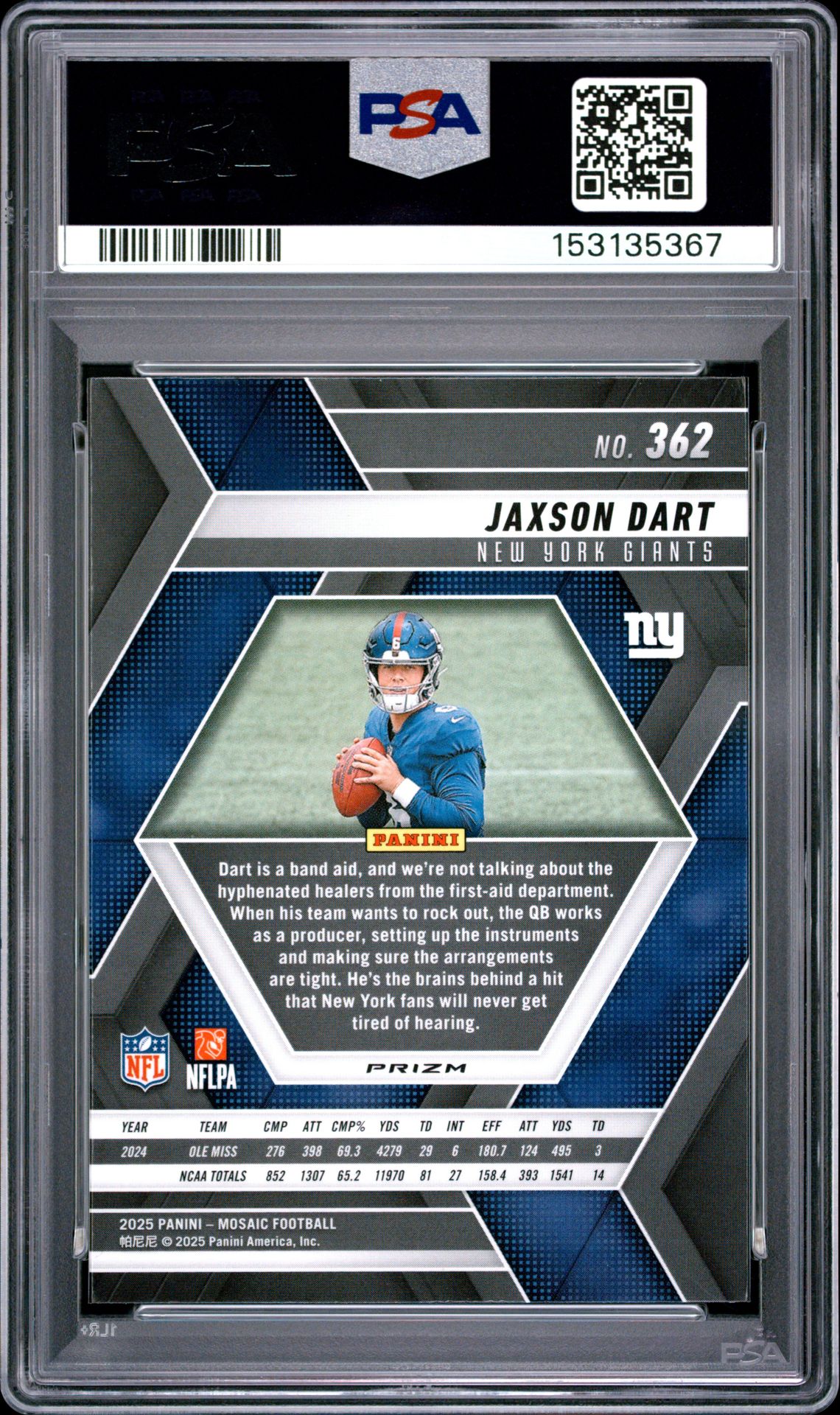 2025 Panini Mosaic Jaxson Dart #362 (Purple Scope) Gem Mt 10 back view - PSA certificate #153135367