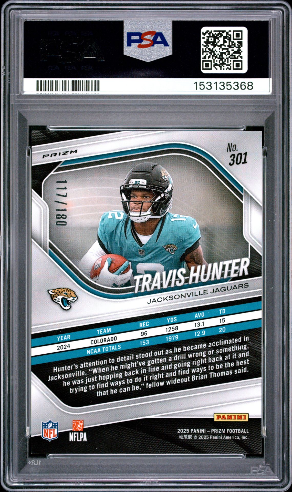 2025 Panini Prizm Travis Hunter #301 (Pigskin Prizm) Gem Mt 10 back view - PSA certificate #153135368