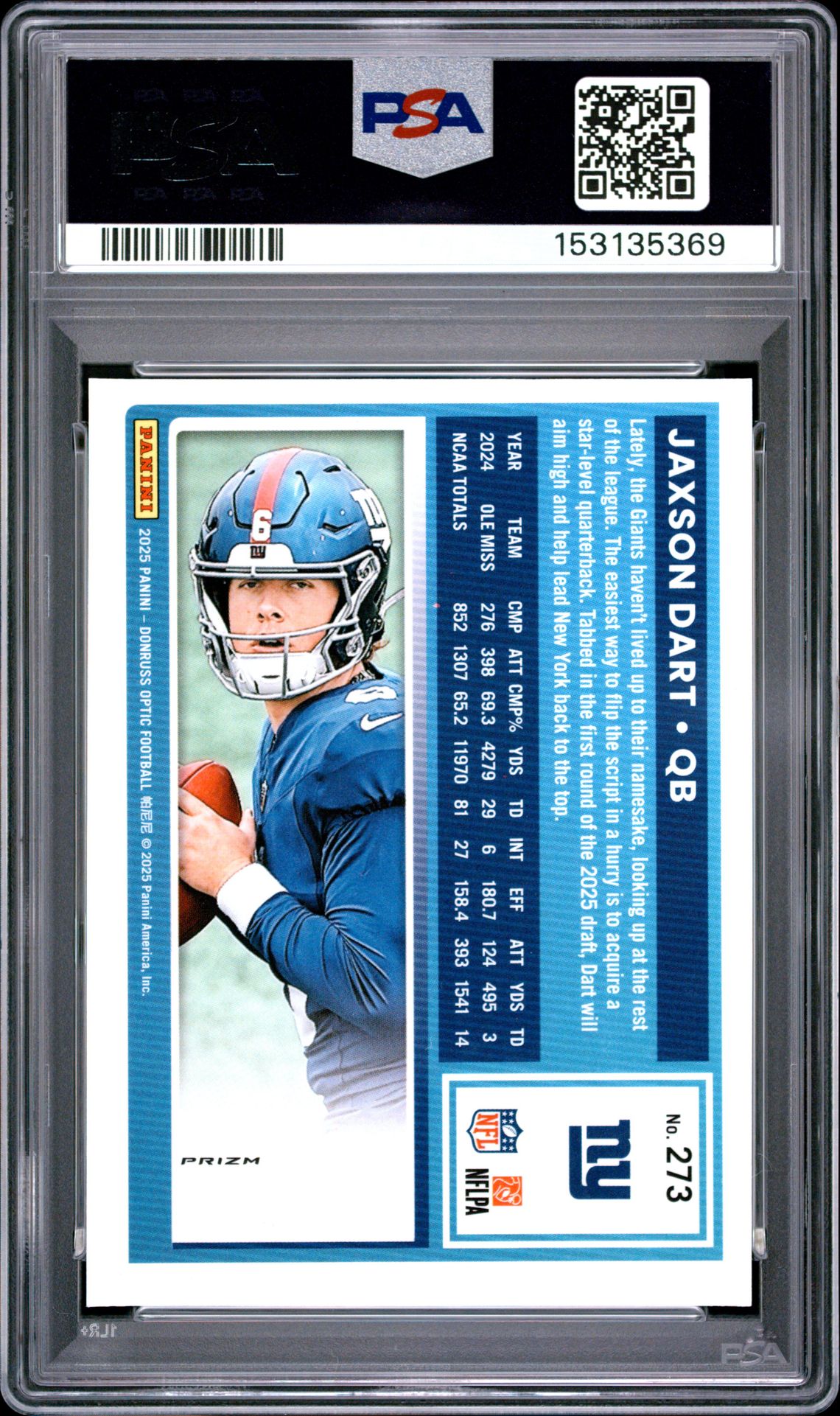 2025 Panini Donruss Optic Jaxson Dart #273 (Holo) Mint 9 back