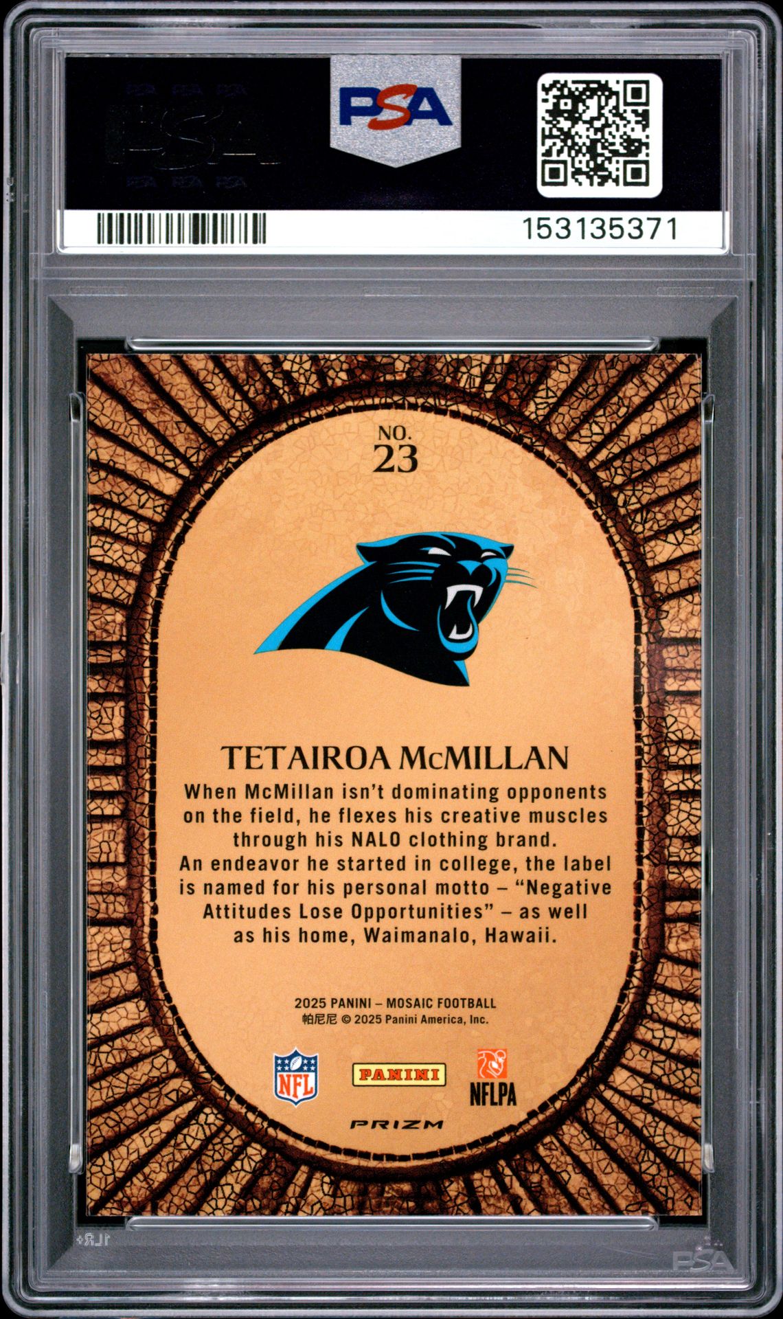 2025 Panini Mosaic Micro Mosaic Tetairoa Mcmillan #23 Gem Mt 10 back view - PSA certificate #153135371