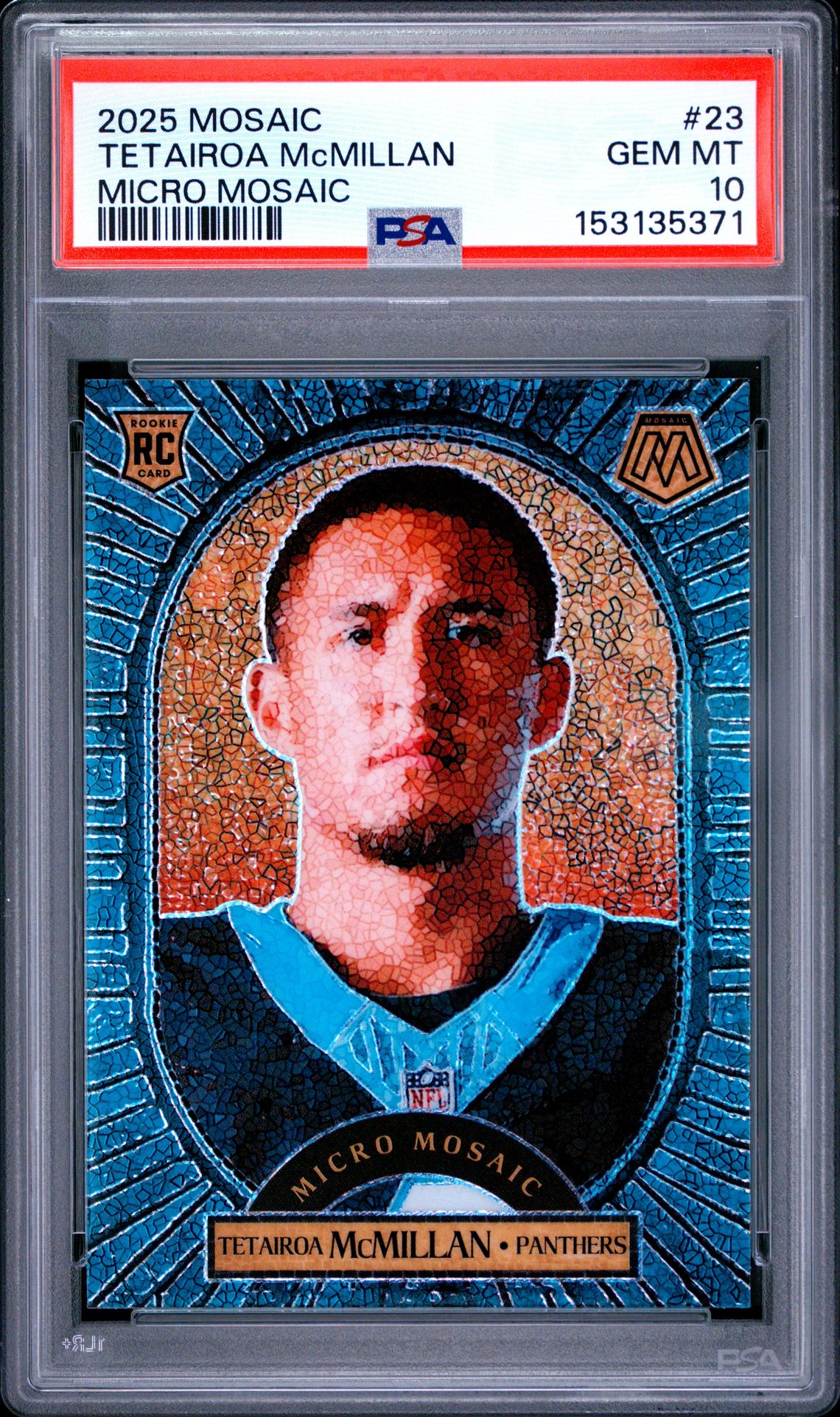 2025 Panini Mosaic Micro Mosaic Tetairoa Mcmillan #23 Gem Mt 10 front view - PSA graded GEM MT 10