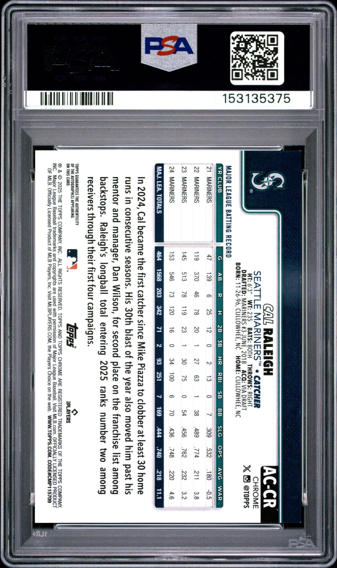 2025 Topps Chrome Update Chrome Update Autographs Cal Raleigh #Cr (Chrome Upd Auto-Gold Wave) Mint 9 back
