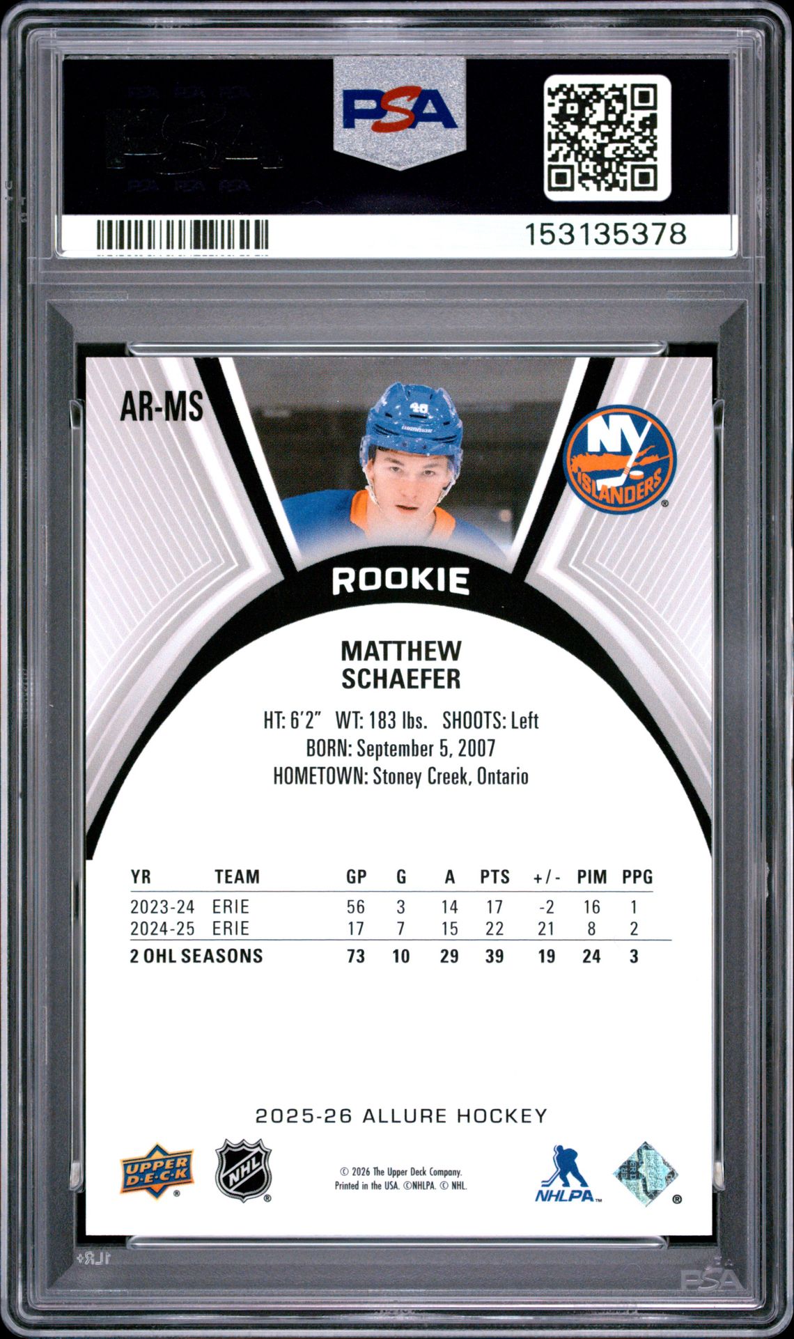 2025 Upper Deck Allure Extended Rookies Matthew Schaefer #Ar-Ms Gem Mt 10 back