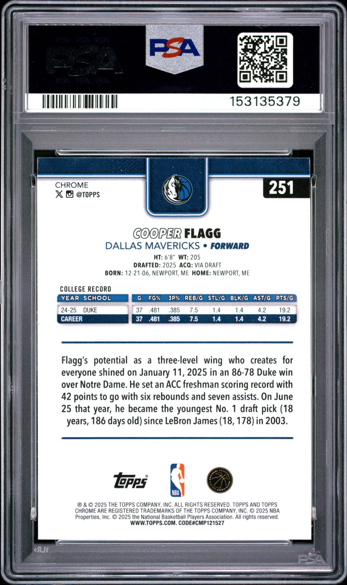 2025 Topps Chrome Cooper Flagg #251 (Red White And Blue Ref) Gem Mt 10 back view - PSA certificate #153135379