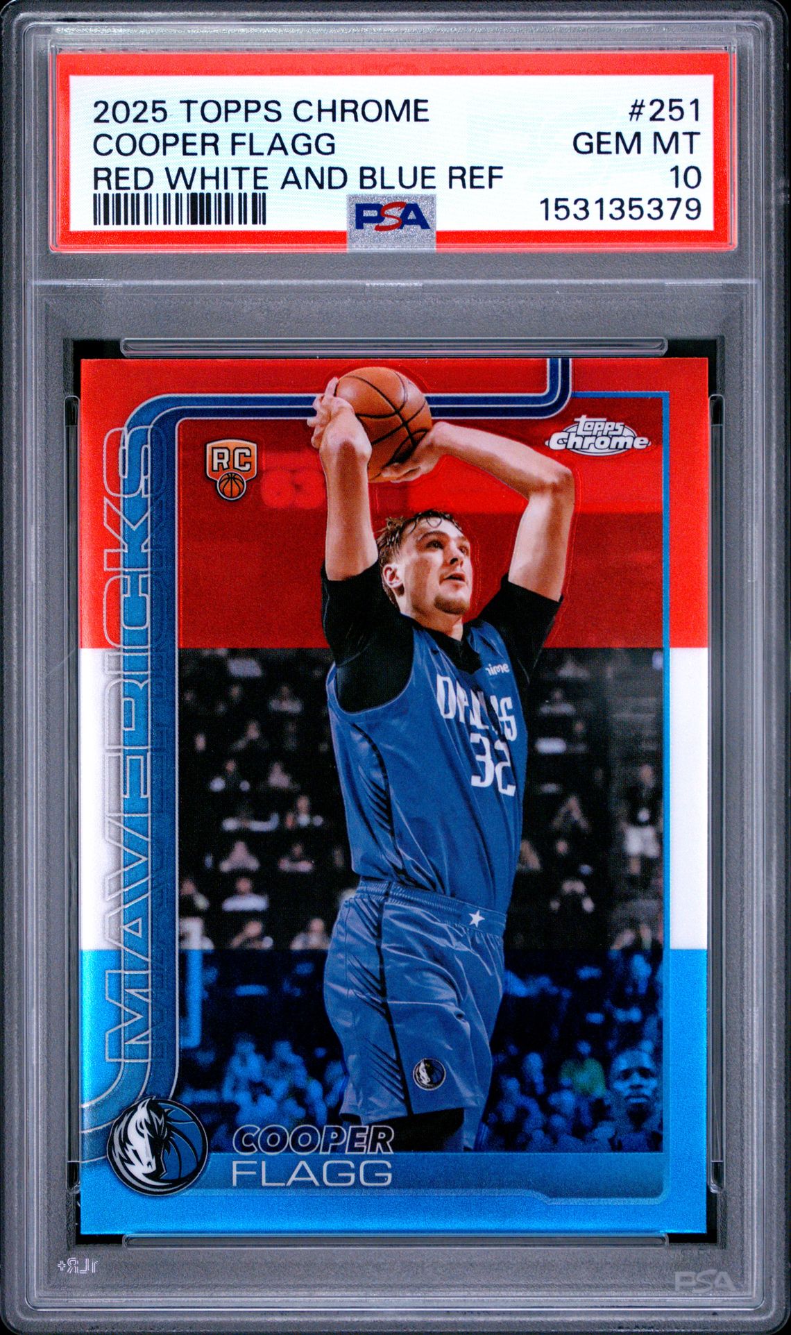 2025 Topps Chrome Cooper Flagg #251 (Red White And Blue Ref) Gem Mt 10 front view - PSA graded GEM MT 10