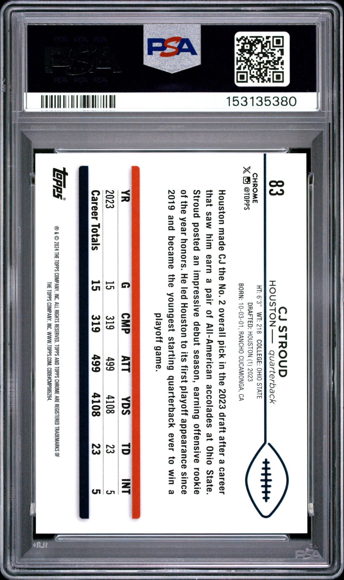 2024 Topps Chrome Sapphire Cj Stroud #83 (White) Mint 9 back