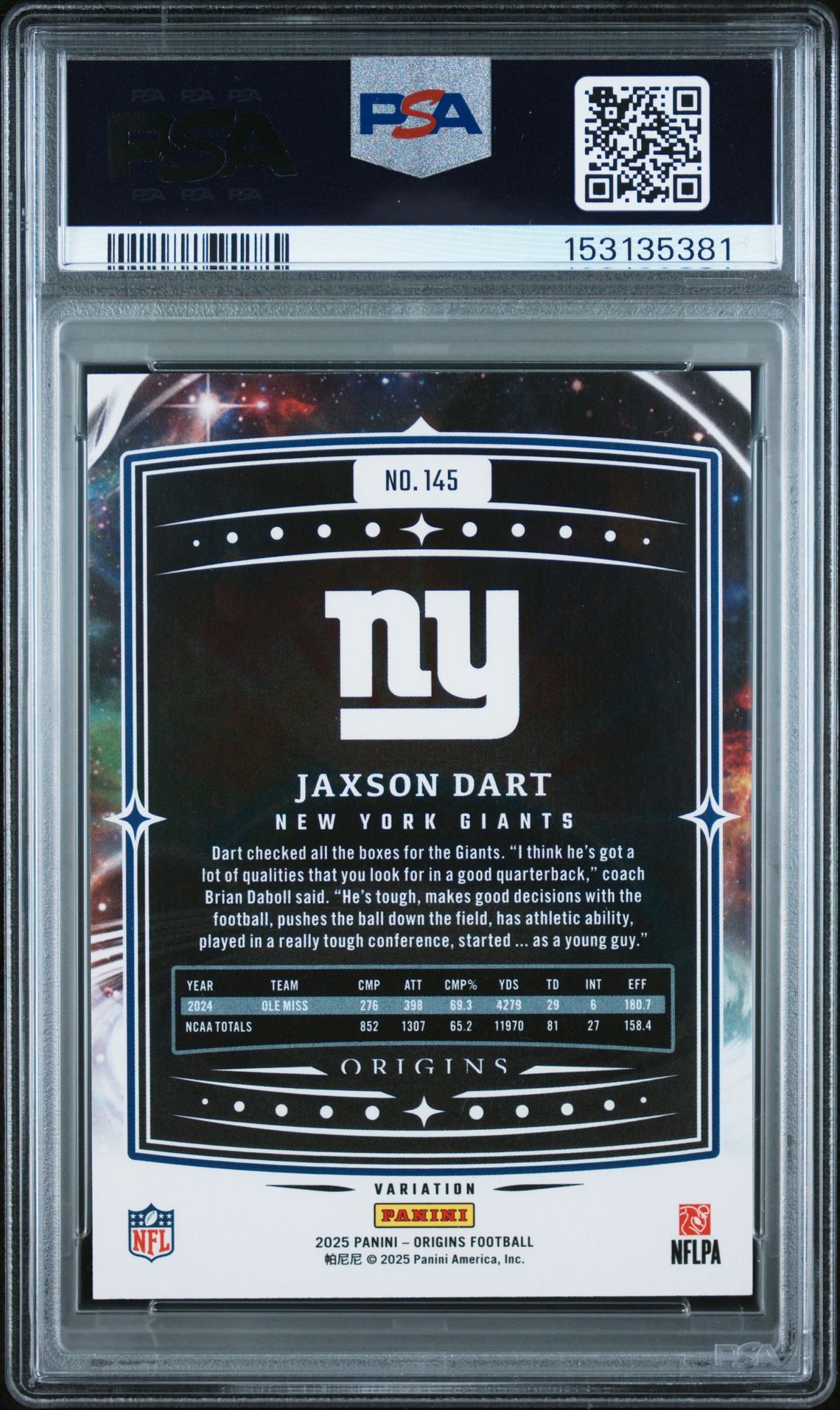 2025 Panini Origins Jaxson Dart #145 (Variation) Mint 9 back