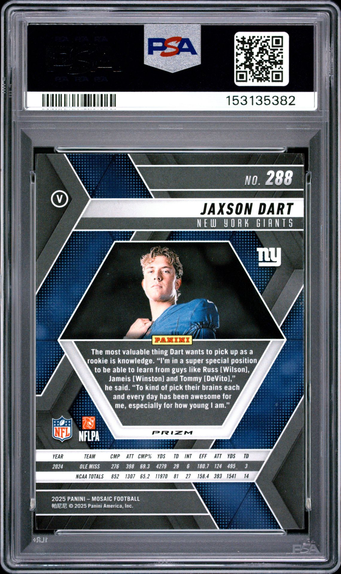 2025 Panini Mosaic Jaxson Dart #288 (Green) Nm-Mt 8 back