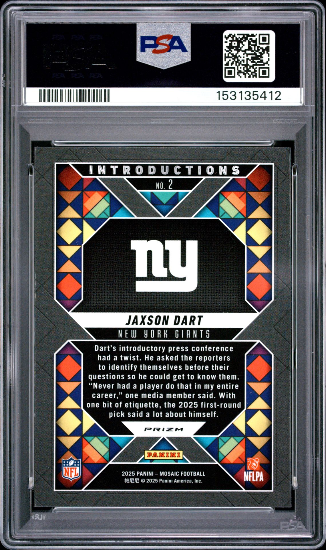2025 Panini Mosaic Introductions Jaxson Dart #2 (Intro-Silver No Huddle) Mint 9 back