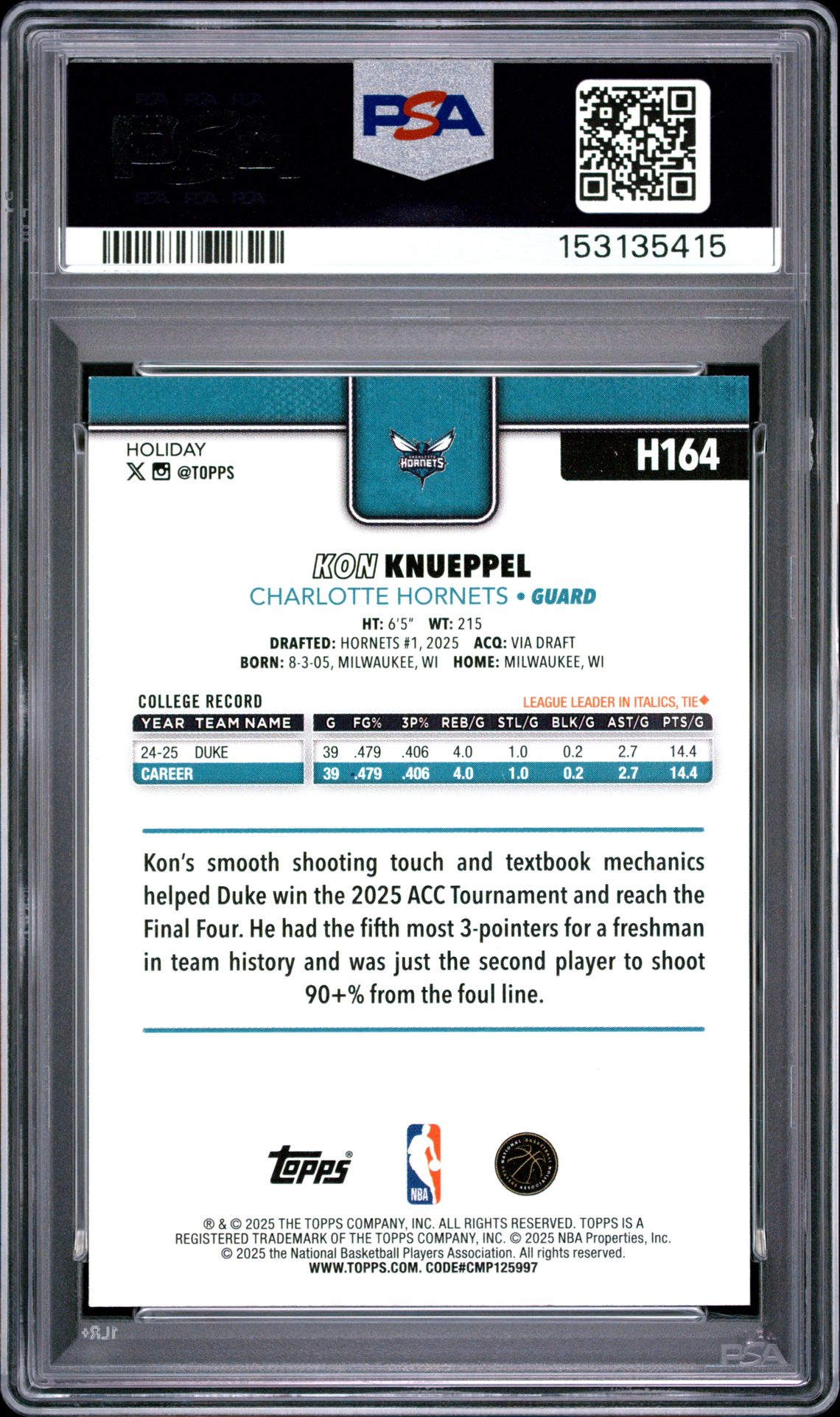 2025 Topps Holiday Kon Knueppel #H164 Nm-Mt 8 back