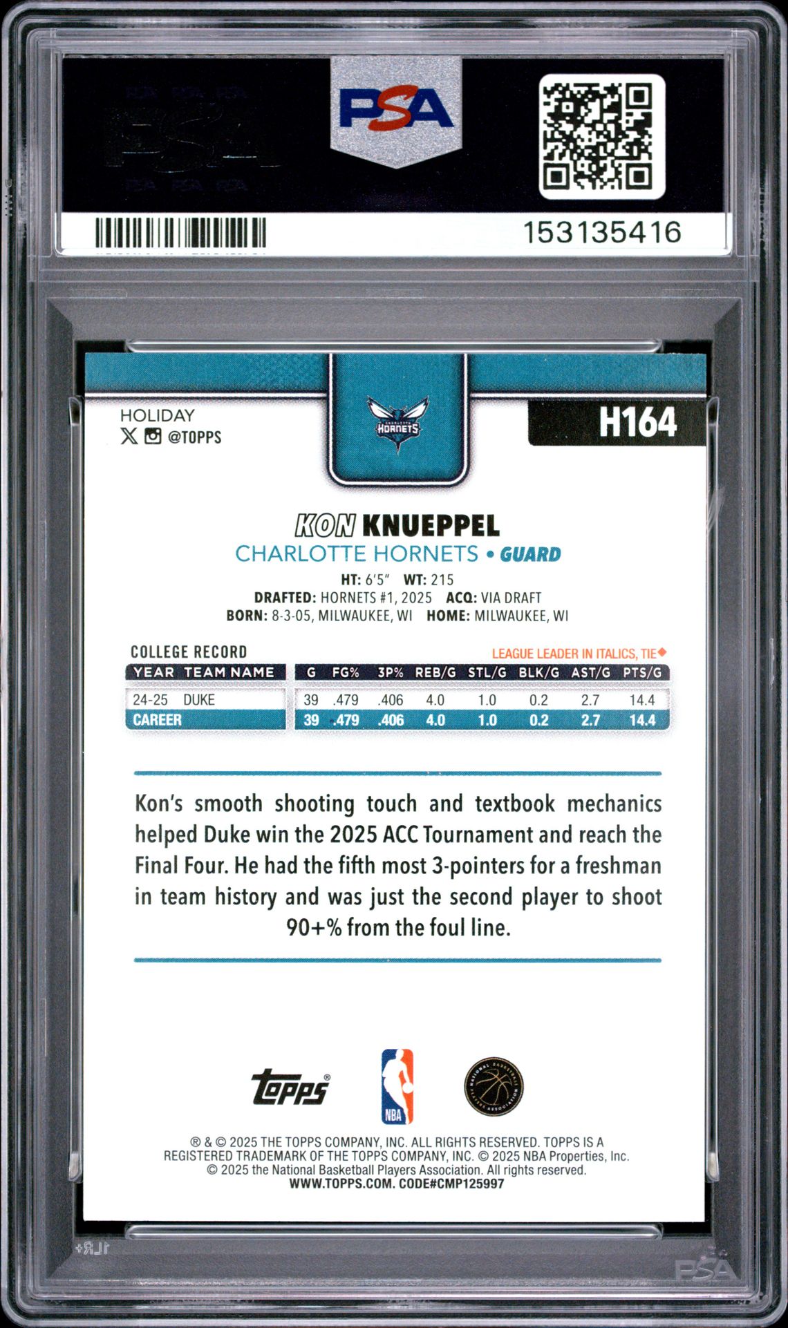 2025 Topps Holiday Kon Knueppel #H164 Mint 9 back