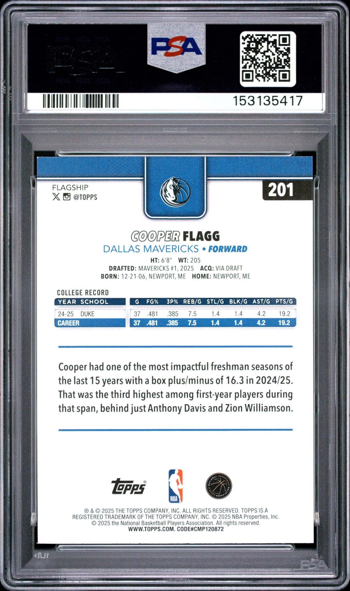 2025 Topps Cooper Flagg #201 Nm-Mt 8 back