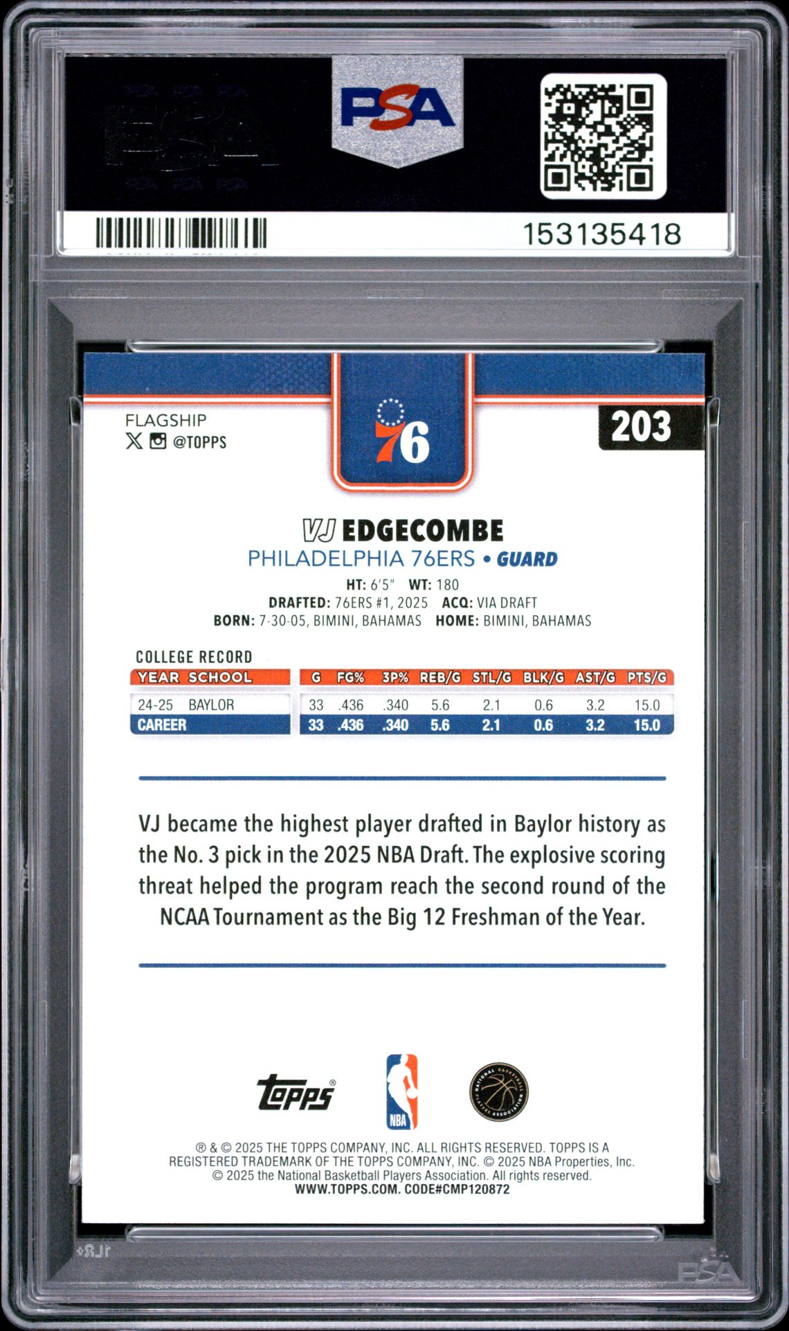 2025 Topps Vj Edgecombe #203 Gem Mt 10 back
