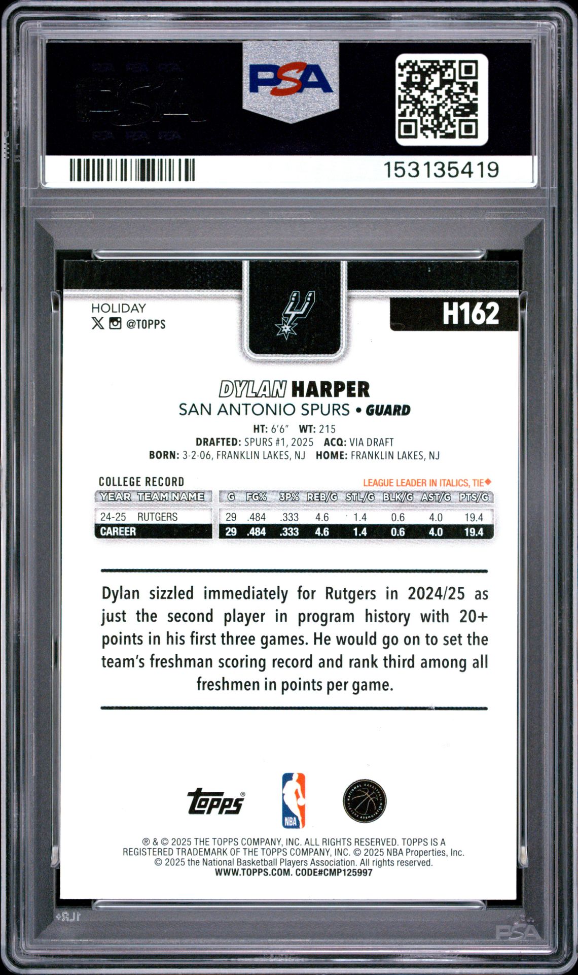2025 Topps Holiday Dylan Harper #H162 (Glitter) Nm-Mt 8 back