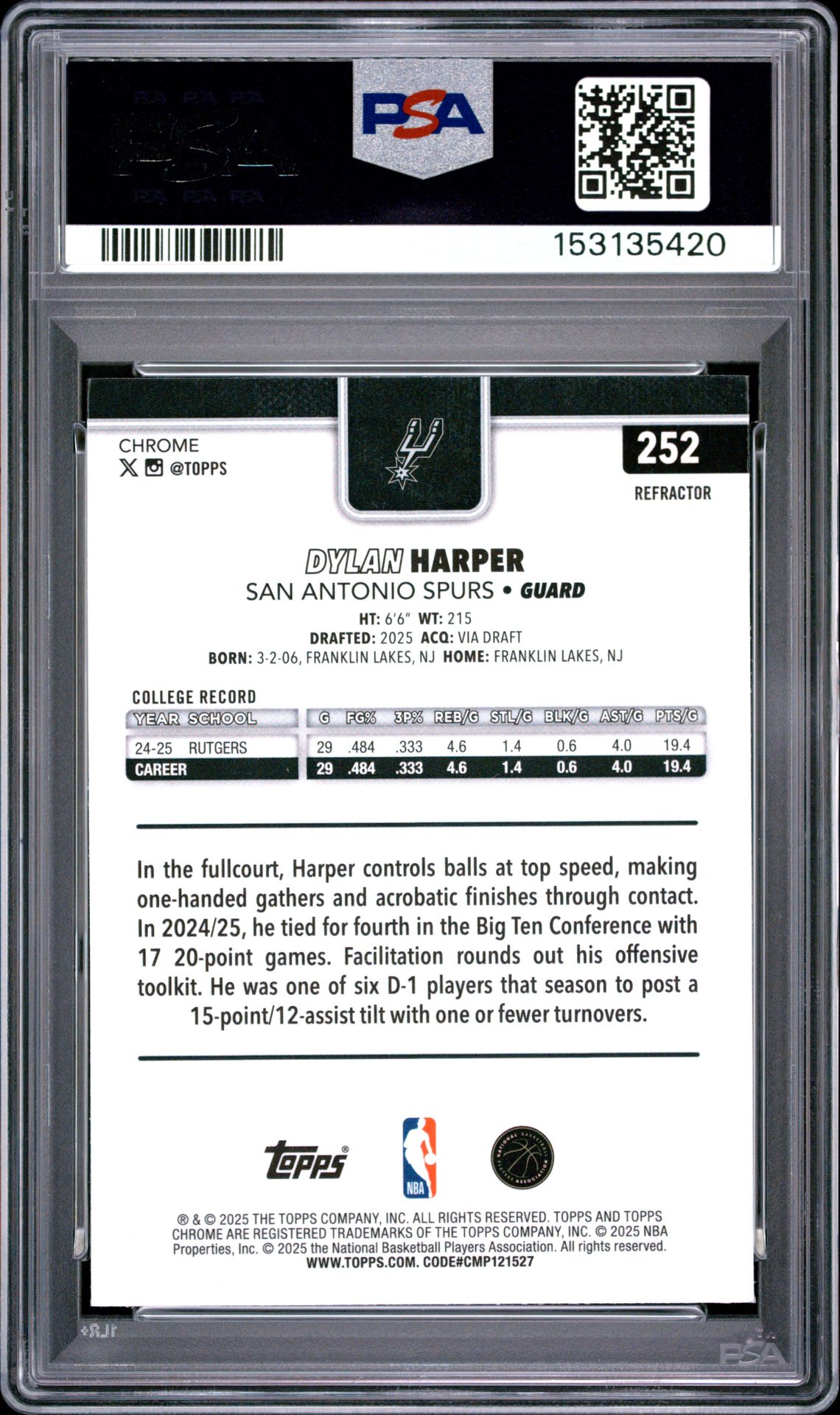 2025 Topps Chrome Dylan Harper #252 (Refractor) Mint 9 back