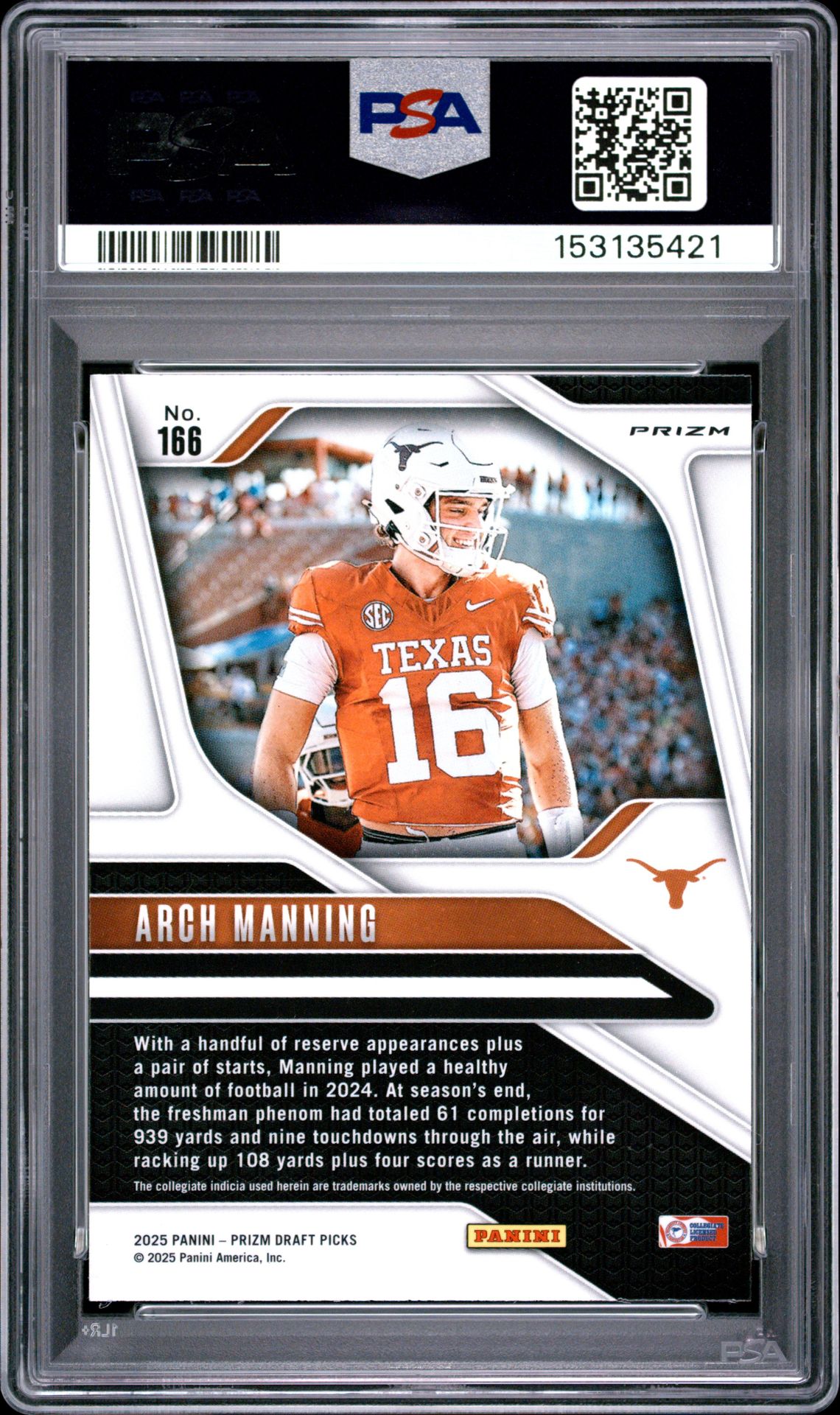 2025 Panini Prizm Draft Picks Arch Manning #166 (Silver Prizm) Gem Mt 10 back