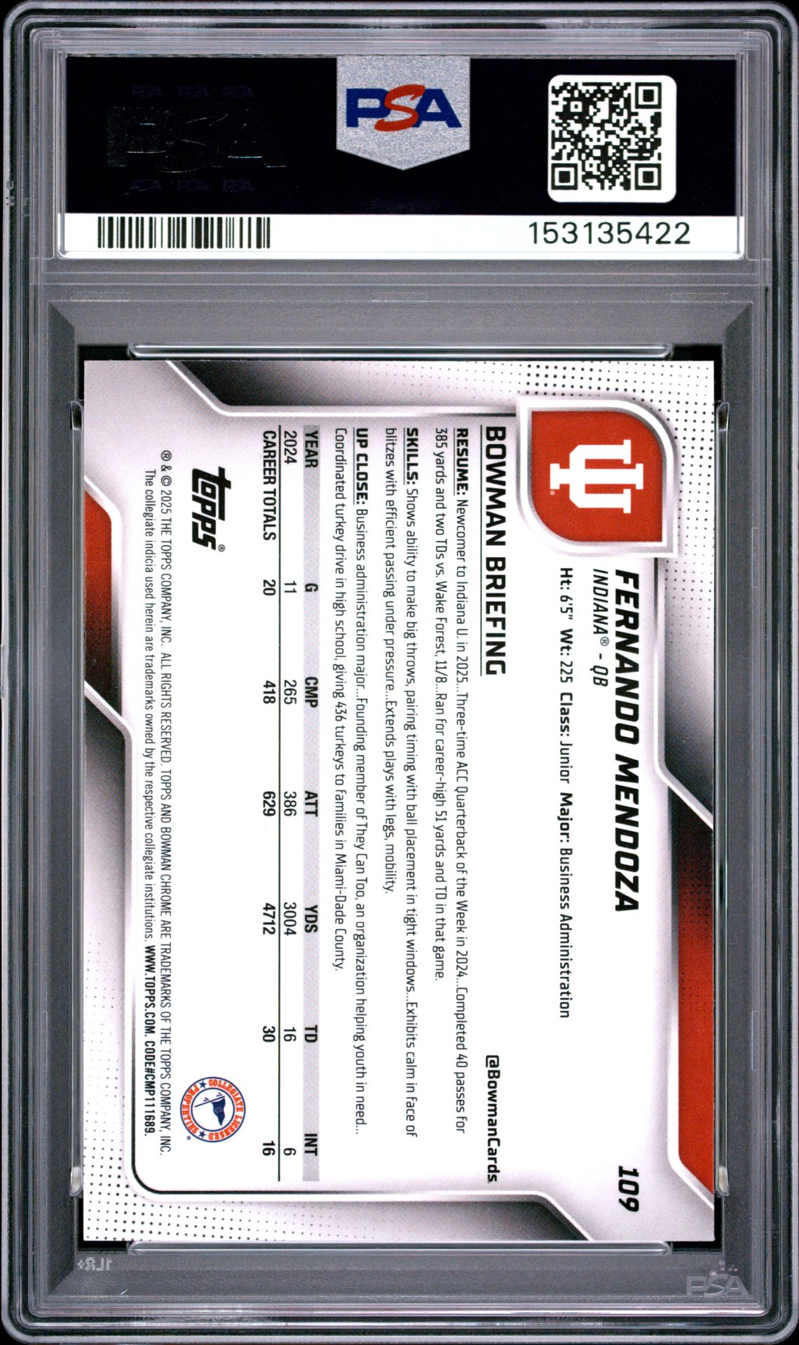 2025 Bowman University Chrome Fernando Mendoza #109 (Pink Lava) Mint 9 back