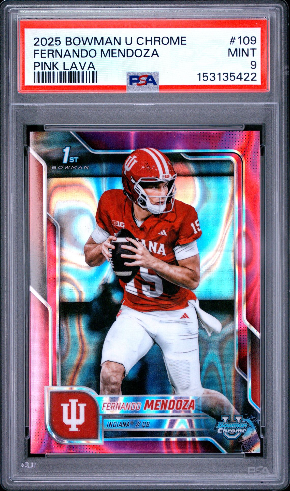 2025 Bowman University Chrome Fernando Mendoza #109 (Pink Lava) Mint 9 front