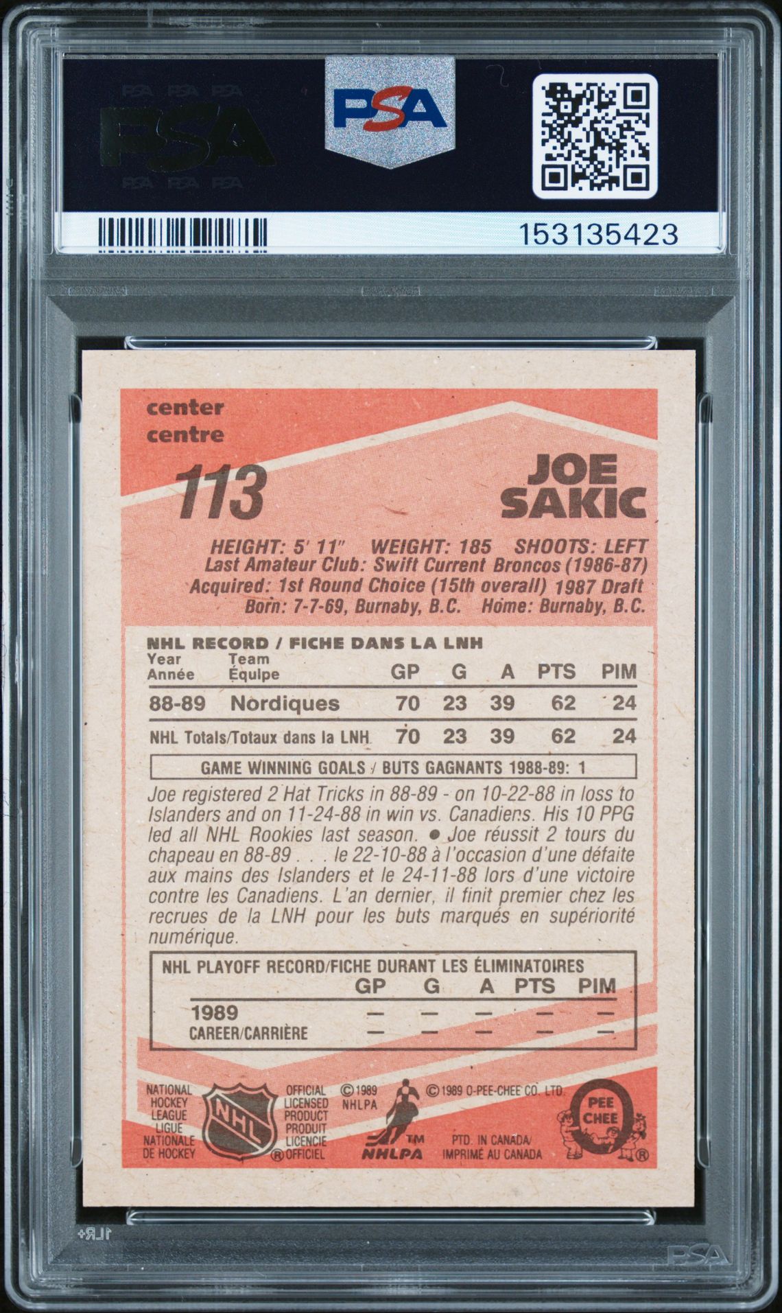 1989 O-Pee-Chee Joe Sakic #113 Mint 9 back
