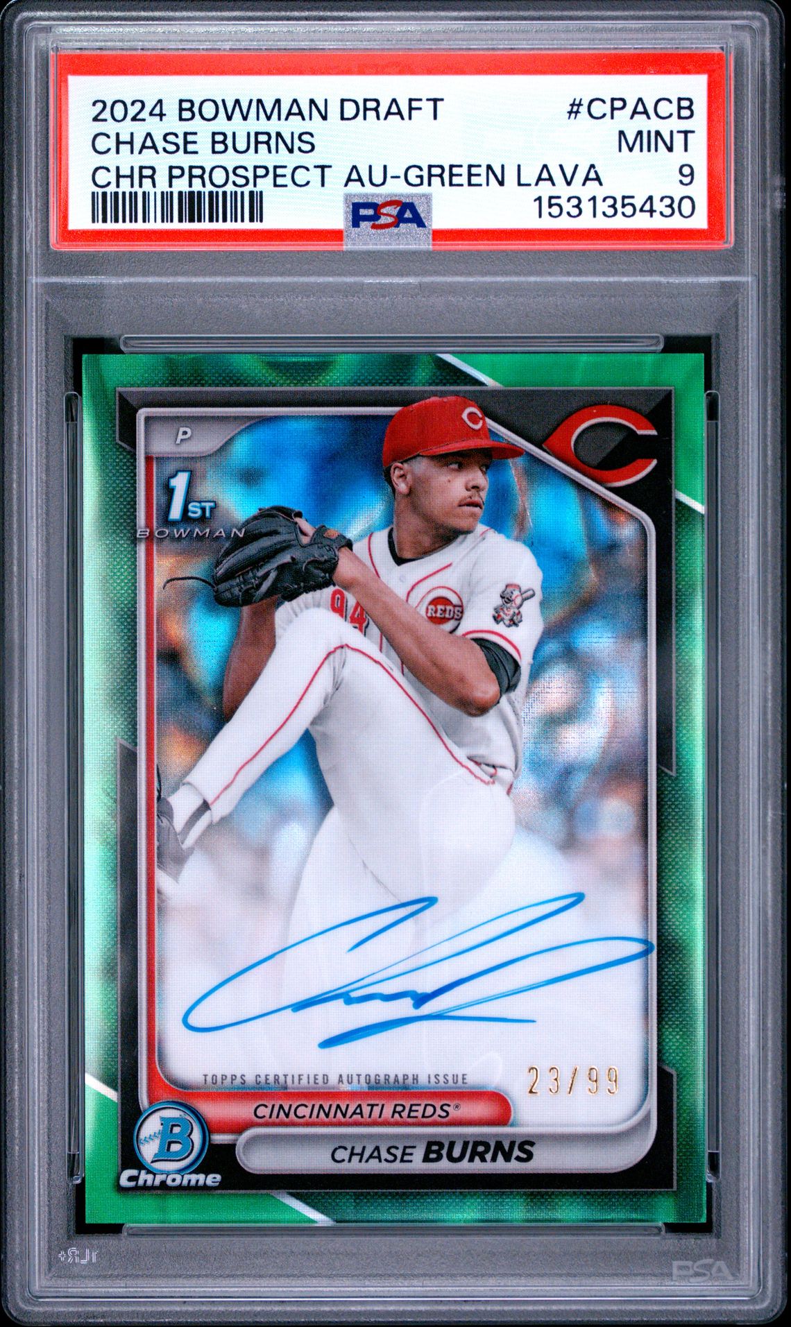 2024 Bowman Draft Chrome Prospect Autographs Chase Burns #Cpacb (Chr Prospect Au-Green Lava) Mint 9 front