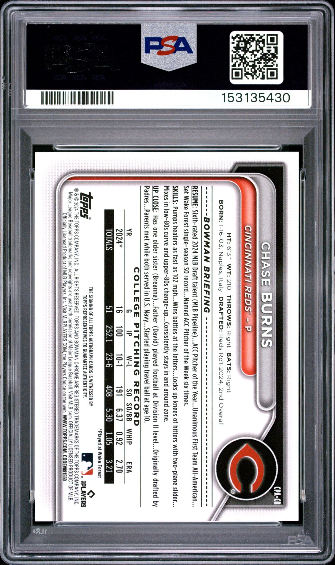 2024 Bowman Draft Chrome Prospect Autographs Chase Burns #Cpacb (Chr Prospect Au-Green Lava) Mint 9 back