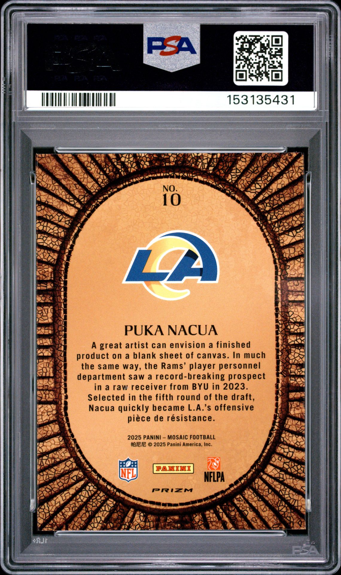 2025 Panini Mosaic Micro Mosaic Puka Nacua #10 Gem Mt 10 back view - PSA certificate #153135431