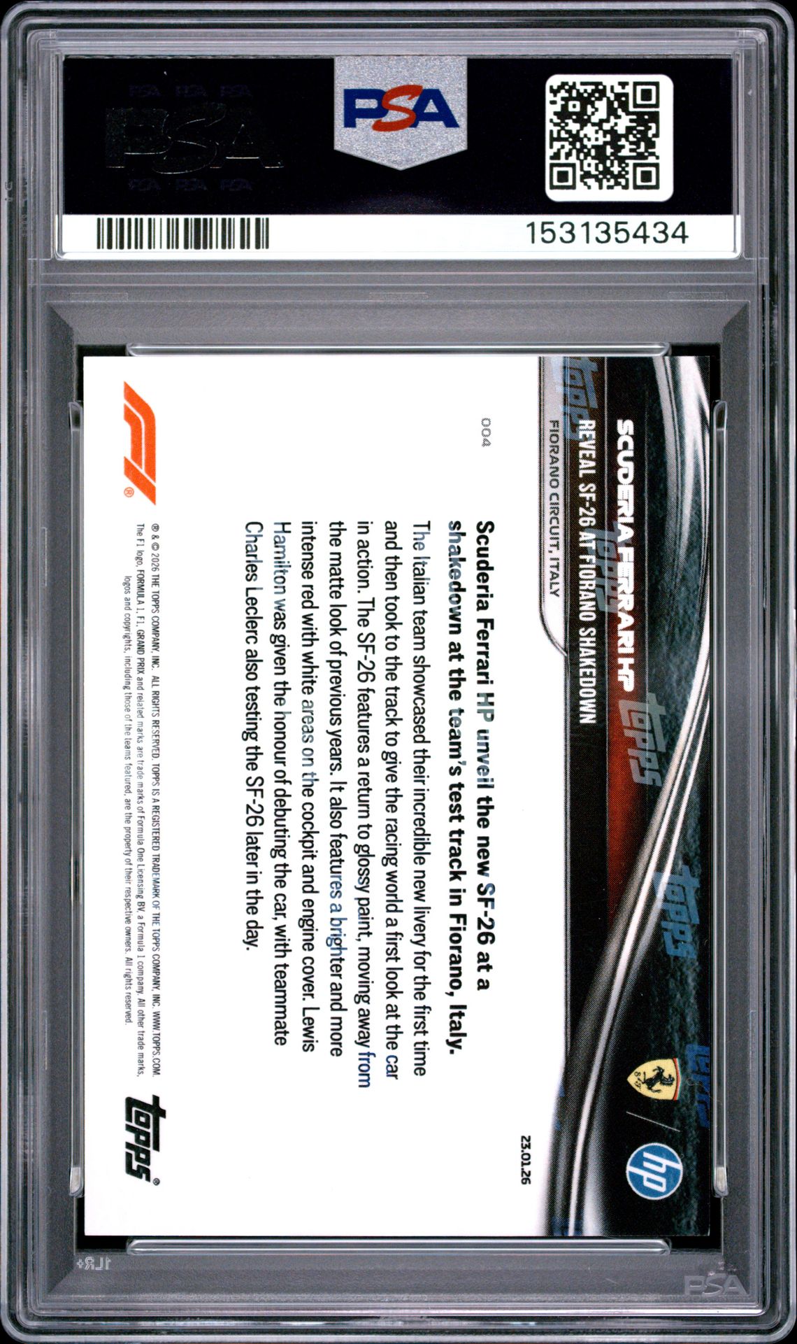 2026 Topps Now Formula 1 Scuderia Ferrari Hp #4 Gem Mt 10 back view - PSA certificate #153135434