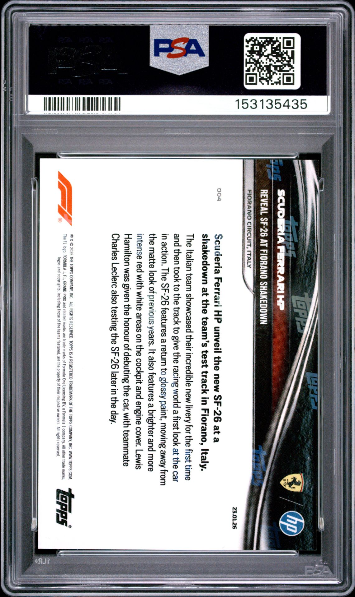 2026 Topps Now Formula 1 Scuderia Ferrari Hp #4 Gem Mt 10 back